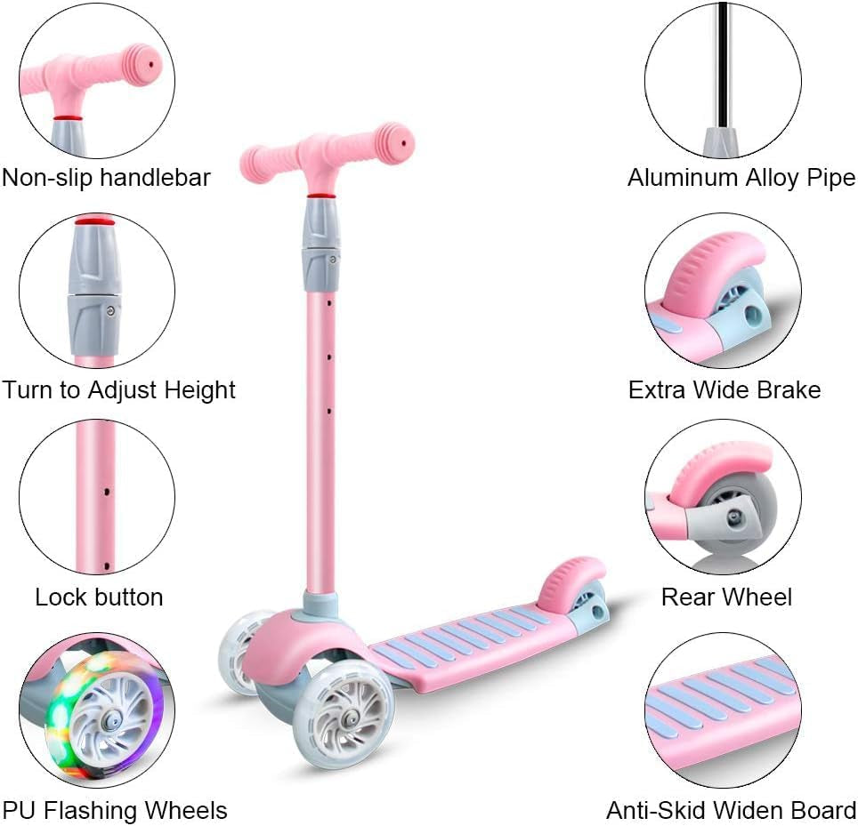 Scooter for Kids Kick Scooter for Toddler Girls Boys Scooter Kids 3 Wheel Scooter with Adjustable Height and Light-Up Wheels Scooter for Children Ages 3-12