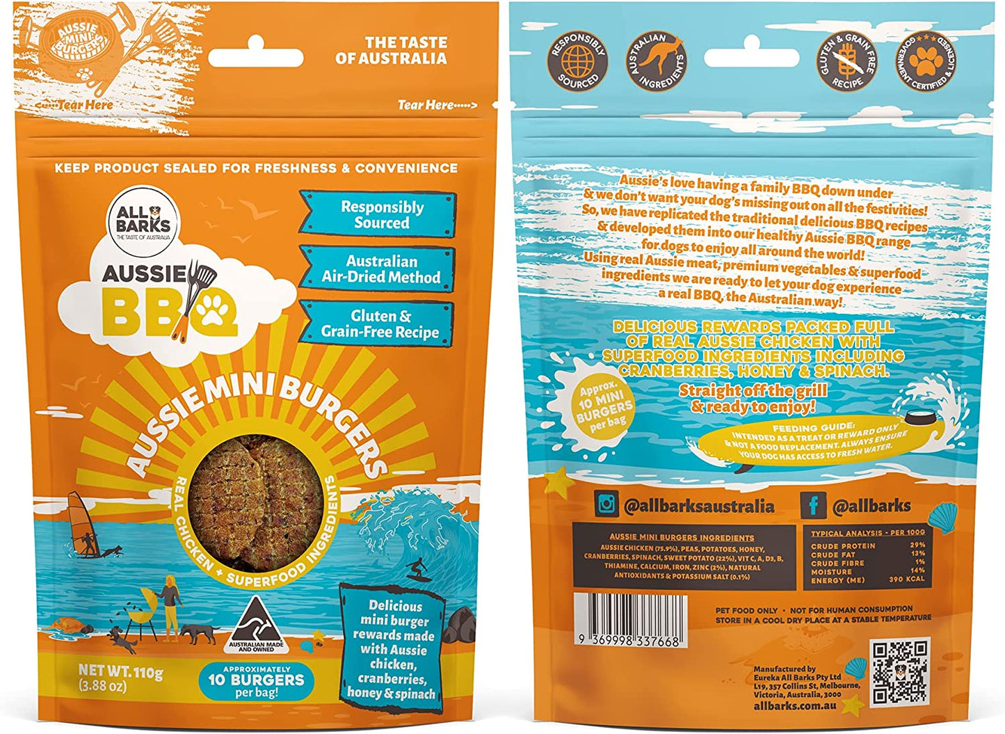 Aussie Mini Burgers - 100% Aussie Chicken & Superfood Ingredients - Natural, Grain-Free Dog Treats - Snacks, Training or Rewards for Dogs - 110G