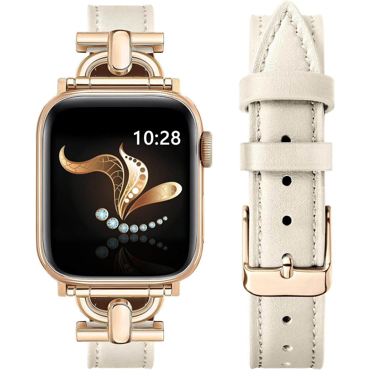 Compatible with Apple Watch Strap 42Mm 41Mm 40Mm 38Mm, Luxury Leather Band for Iwatch Series10 9 8 7 6 5 4 3 2 1 SE, Slim Dressy Apple Watch Band with D-Shape Metal Buckle,Women(Black/Rose Gold)