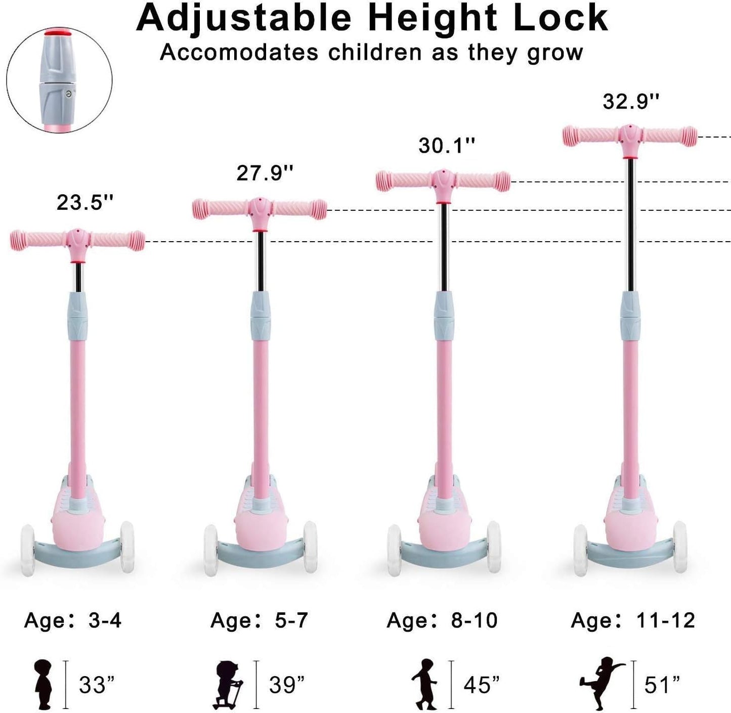 Scooter for Kids Kick Scooter for Toddler Girls Boys Scooter Kids 3 Wheel Scooter with Adjustable Height and Light-Up Wheels Scooter for Children Ages 3-12