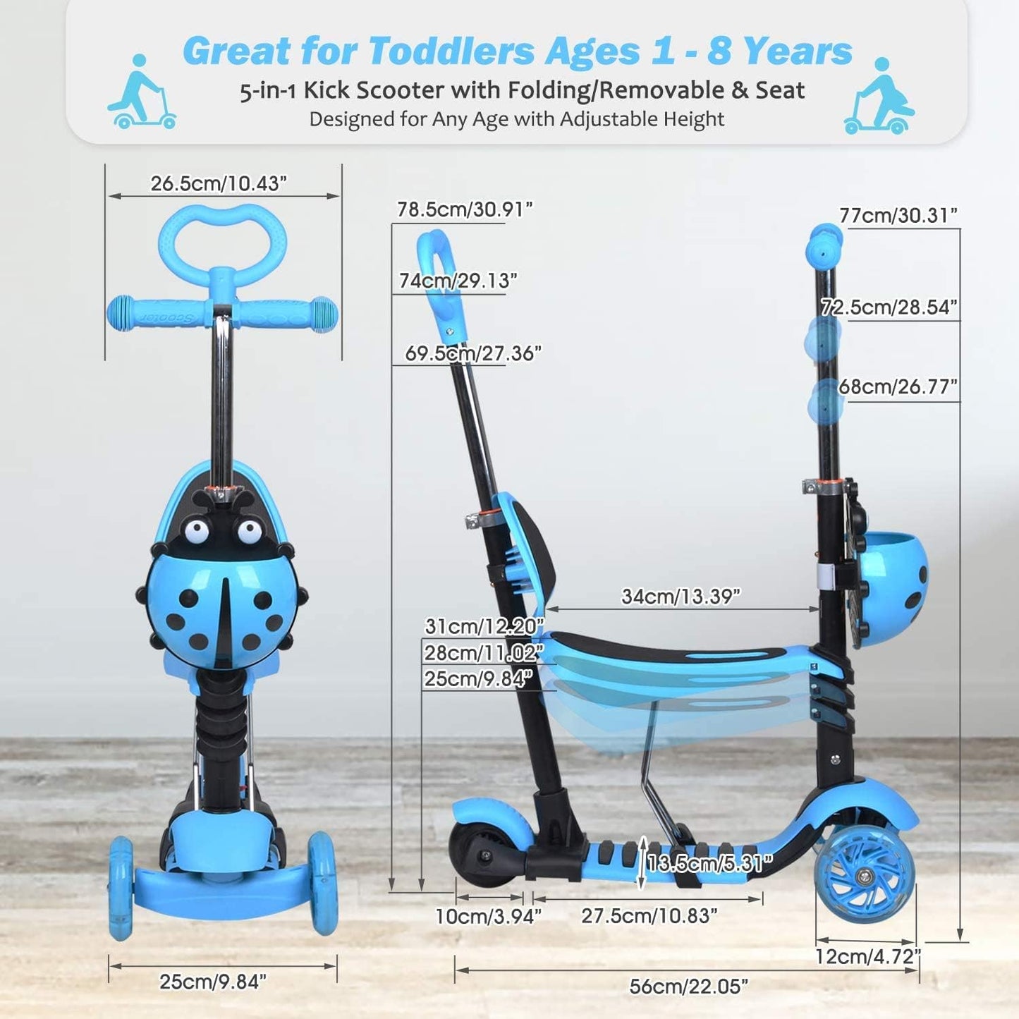 5-In-1 Scooter Adjustable Height Scooters with Flashing Wheel 3 (Three) Wheeled Walker with Removable Seat and Back Rest & Push Handle, for Birthday Boys Girls 1/2 - 8 Age Years Old
