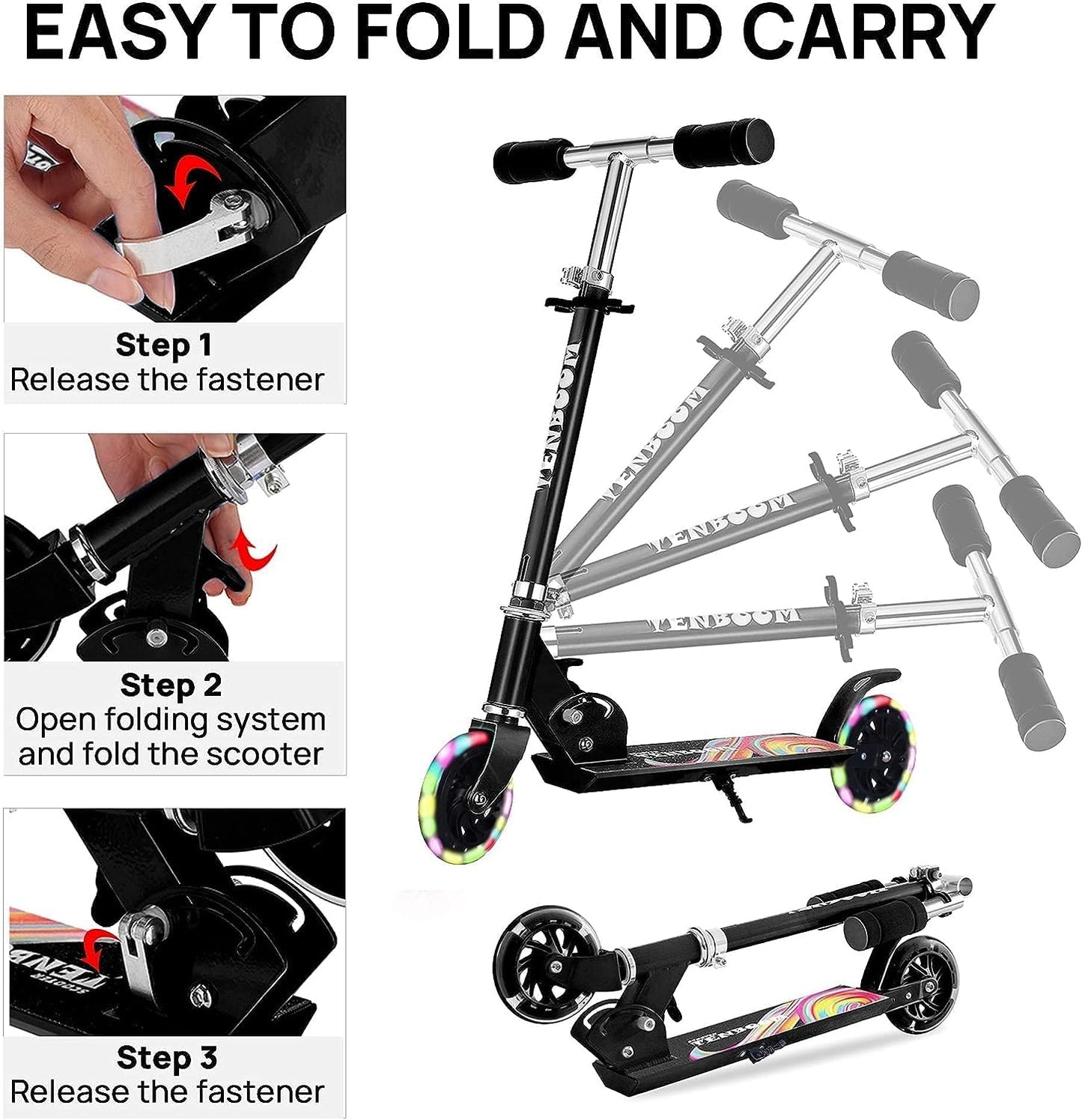 Kids Folding Kick Scooter, 2 Wheel Folding Kick Scooter for Girls Boys, 3 Adjustable Height, Light up Wheels, Scooter with Sturdy Frame, Christmas Birthday Girls Boys, Easy Folding Kids Scooter