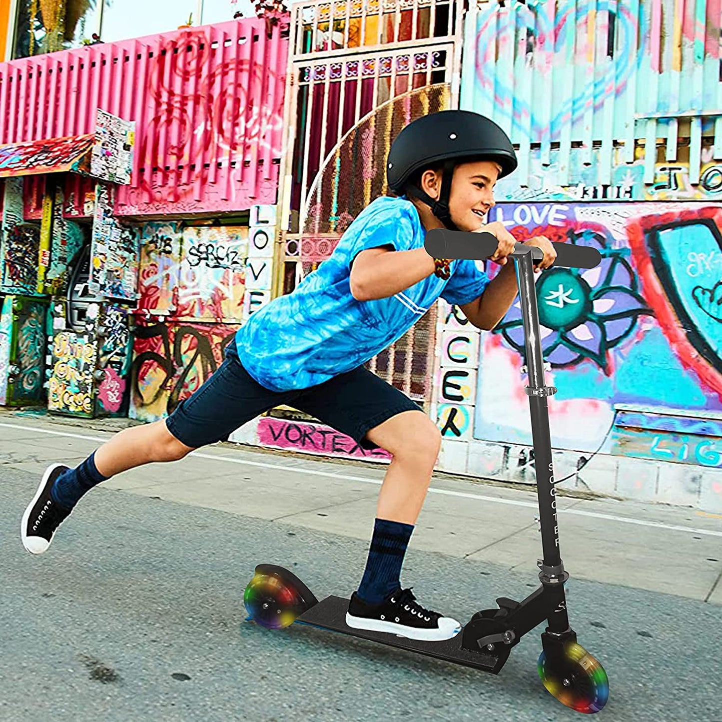 Foldable Kick Scooter for Kids - LED Lights Aluminum Frame & Handlebars Sport Scooter for Toddler Adults Teens Boys & Girls, Detachable and Portable Black Kids' Scooter with Adjustable Height