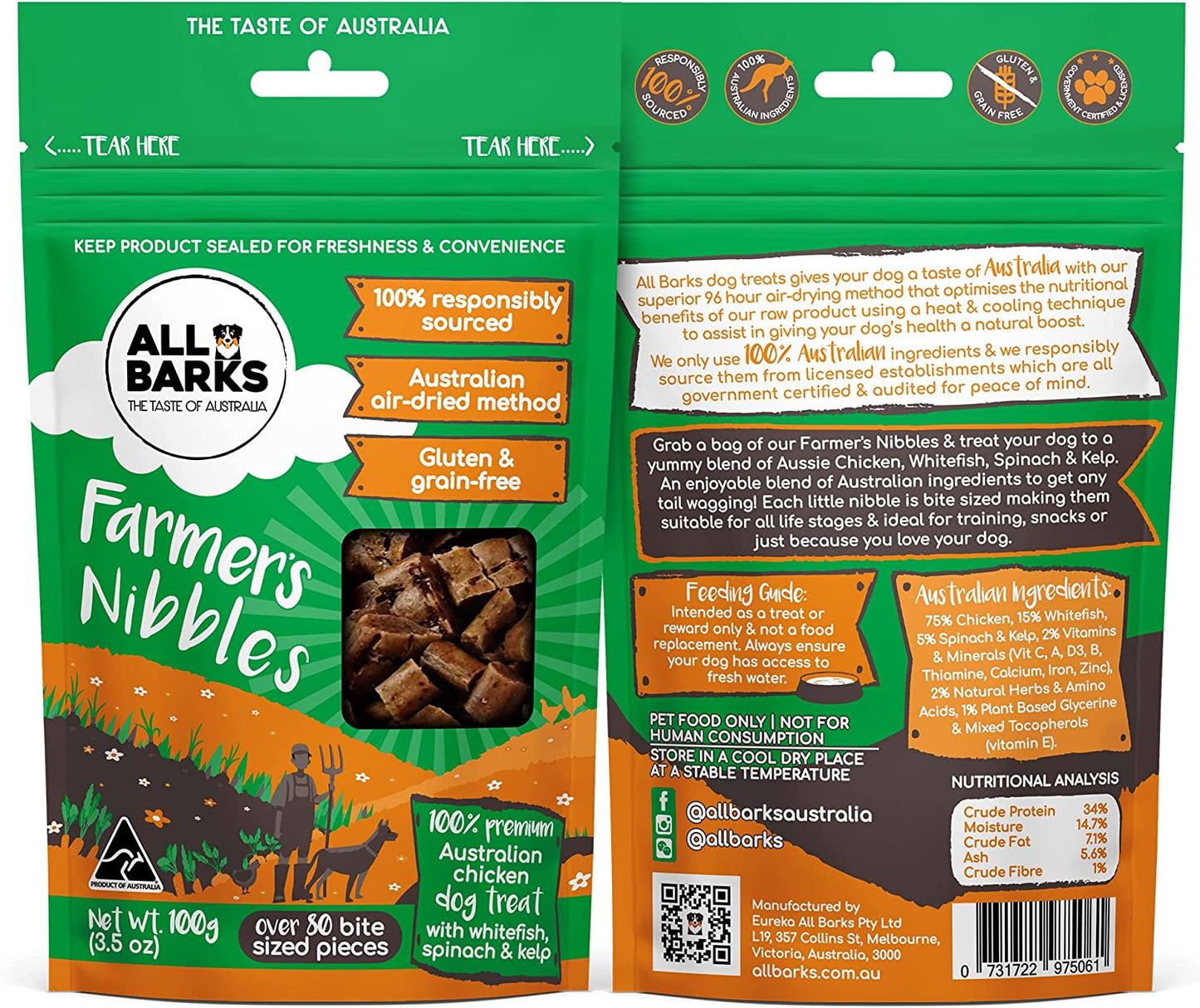 Farmer'S Nibbles - 100% Aussie Chicken, Whitefish, Spinach & Kelp - Natural, Grain-Free, Australian Dog Treats - Snacks, Training or Rewards for Dogs - 100G