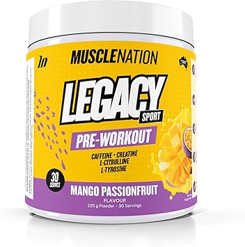 Muscle Nation Mango Passionfruit Legacy Sport Pre-Workout - Powder Supplement for Energy, Focus, Muscle Recovery and Hydration Support – 225g (30 Serves)