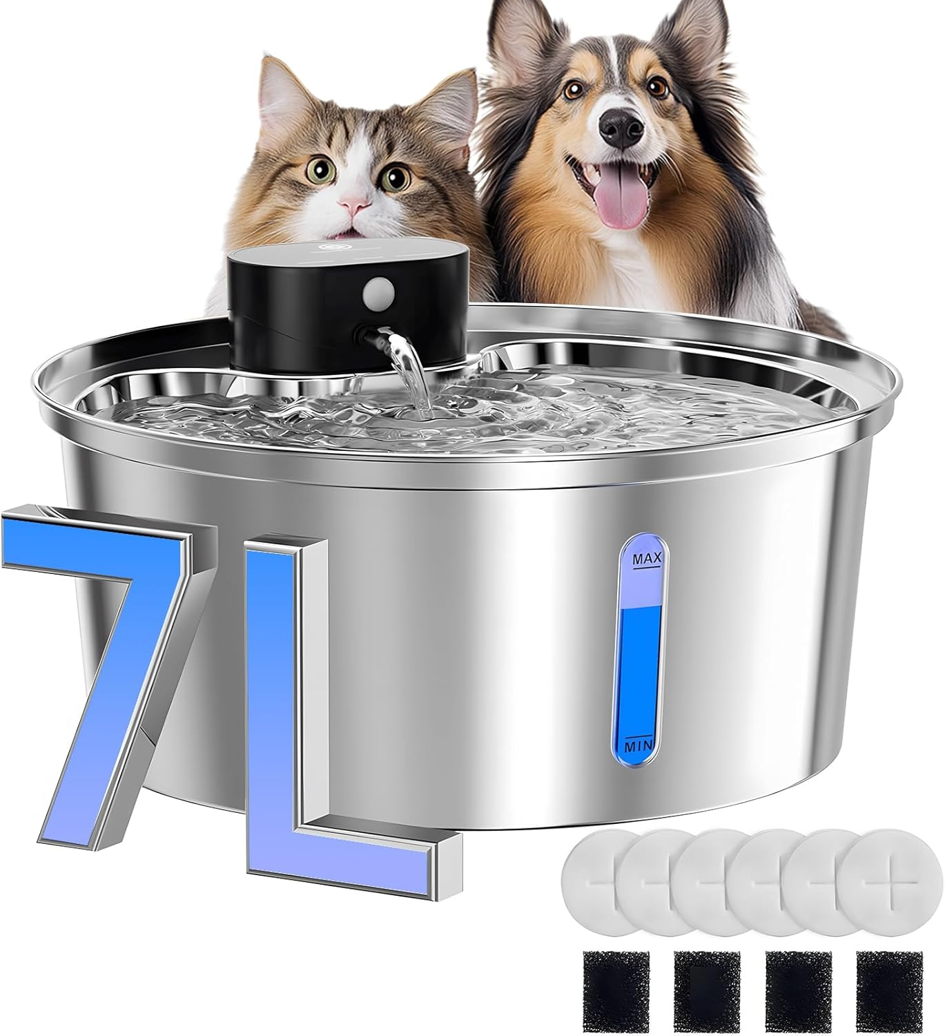 7L Wireless Fully Stainless Steel Cat Water Fountain,Upgraded 5000mAh Rechargeable Battery Operated Dog WaterBowl Dispenser,Cordless Pet WaterFountain