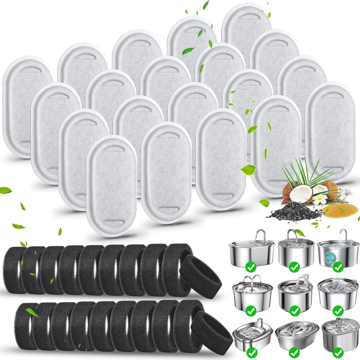 40 Pack Cat Water Fountain Filters for 67oz/2L and 108/3.2L Stainless Steel Pet Fountain Replacement Filters