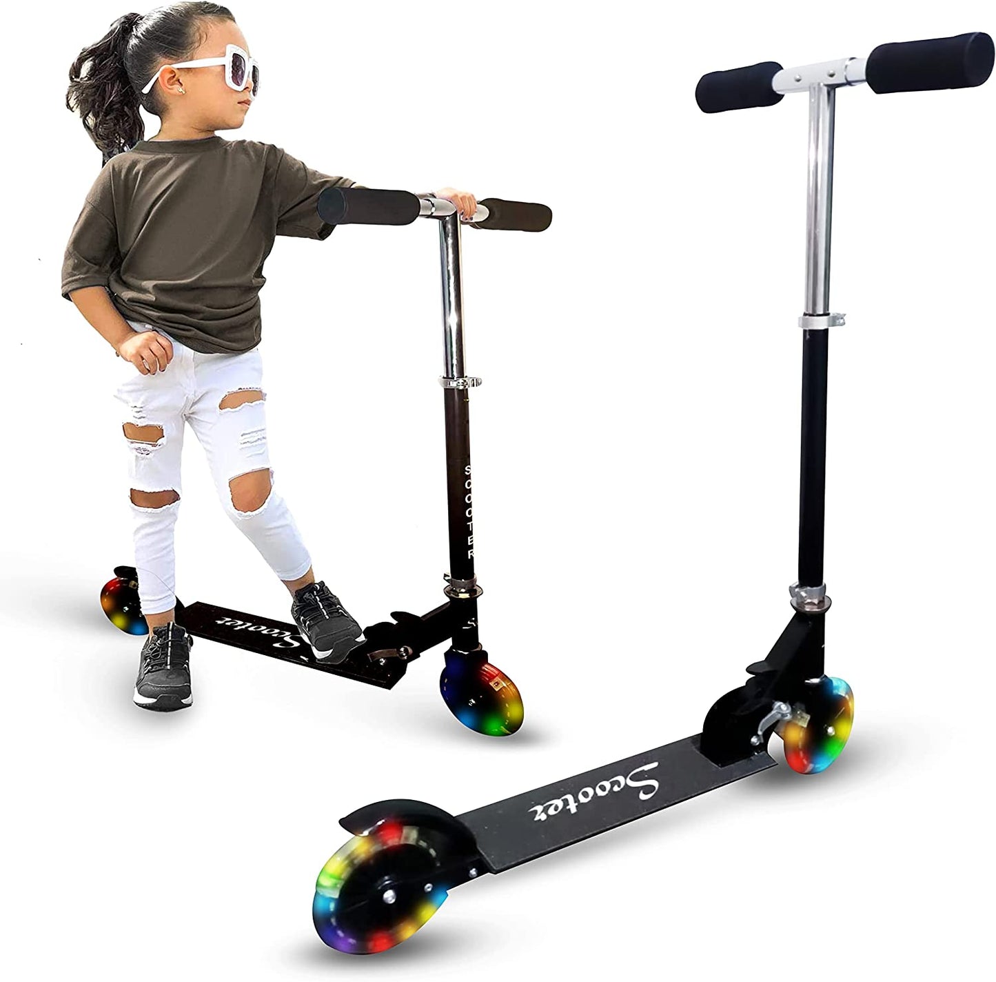 Foldable Kick Scooter for Kids - LED Lights Aluminum Frame & Handlebars Sport Scooter for Toddler Adults Teens Boys & Girls, Detachable and Portable Black Kids' Scooter with Adjustable Height