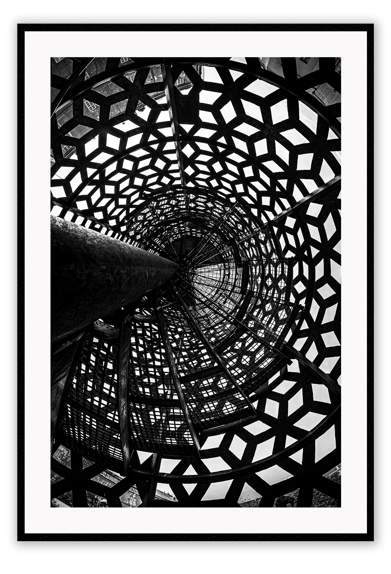 Photography print black and white shadows created by staircase geometric pattern