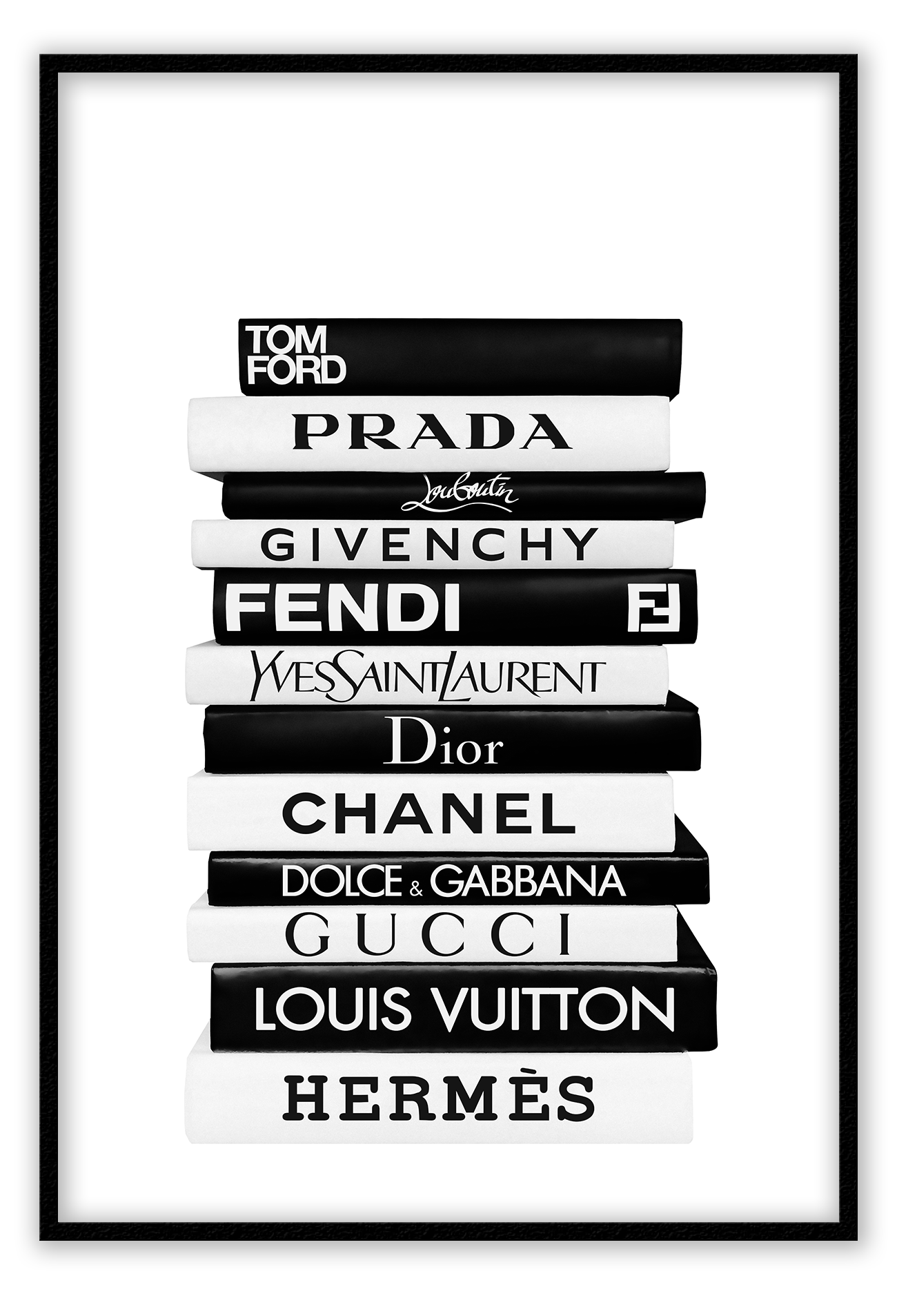 Stack of black and white books fashion photography iconic designers prada dior hermes louis vuitton