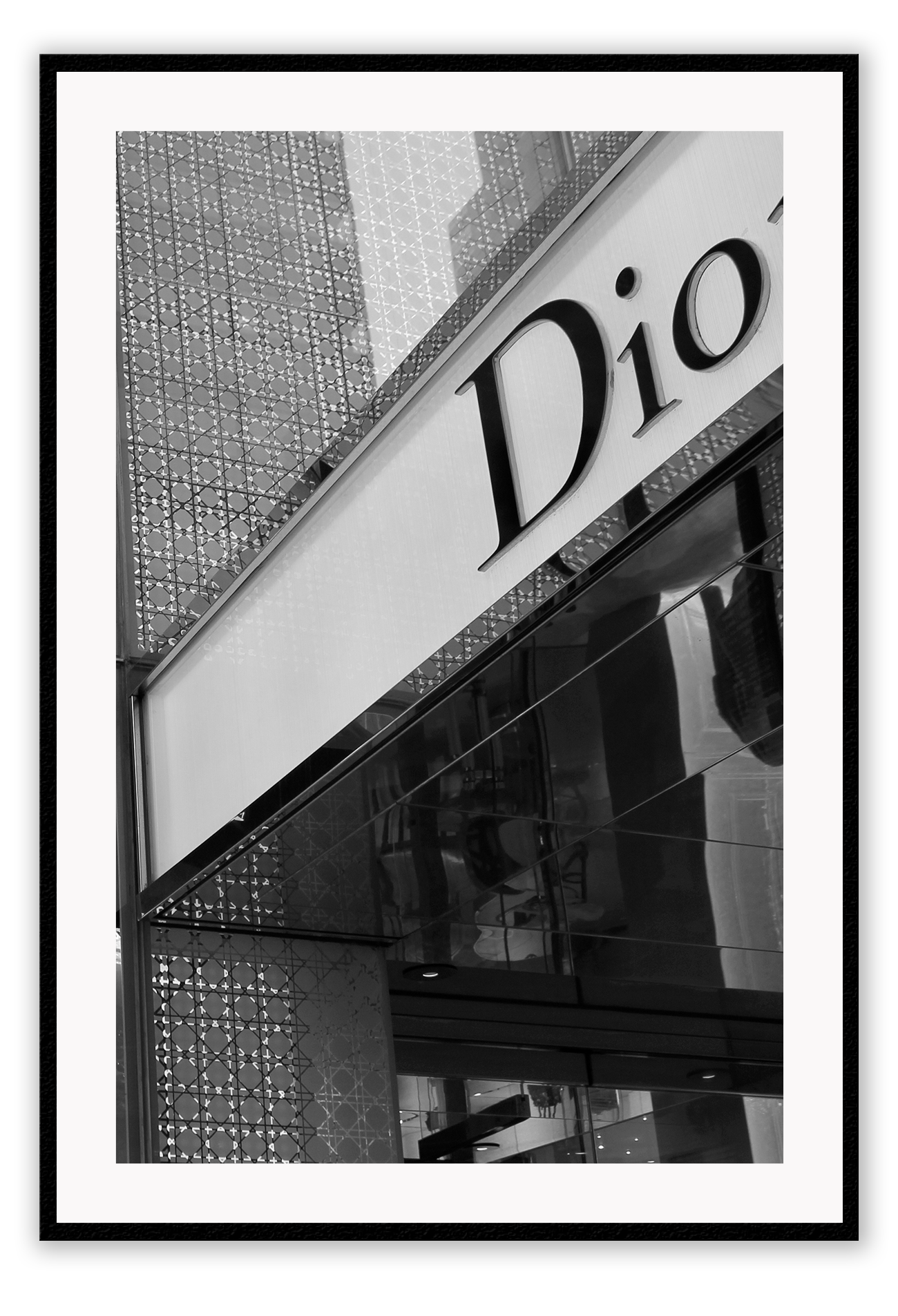 Christian Dior shop front fashion black and white print portrait, iconic