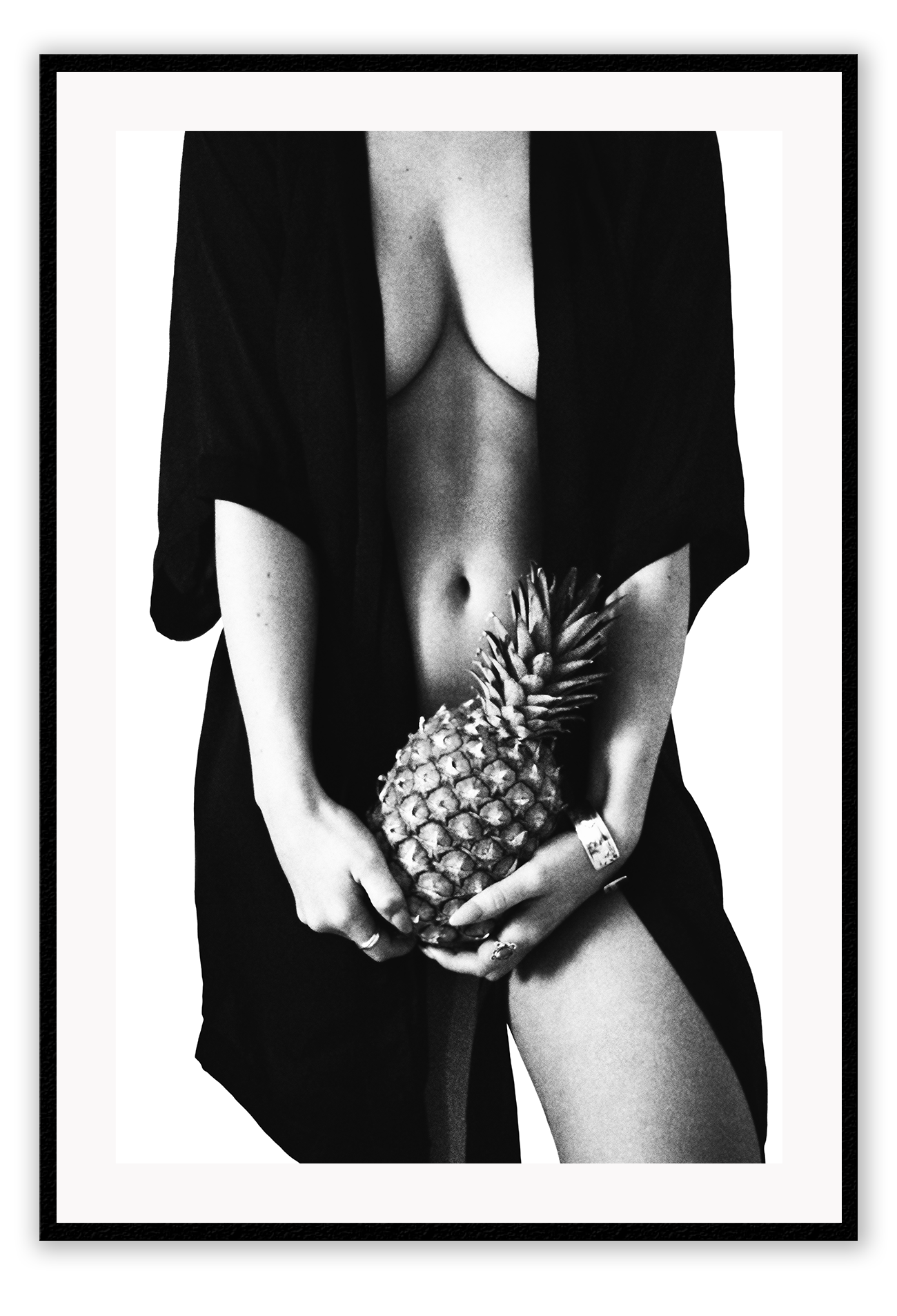 Fashion photography print with nude sexy woman wearing robe holding pinapple in black and white on white background