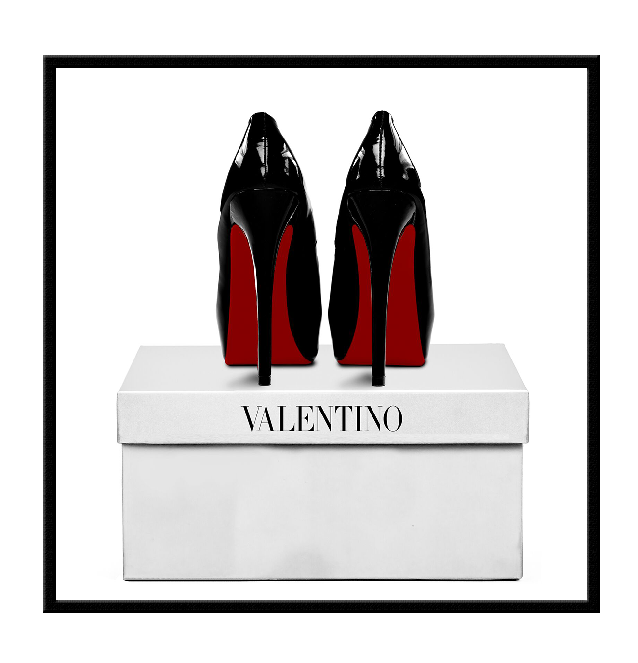 Square photography of red bottom black heels on top of a white valentino box on a white background