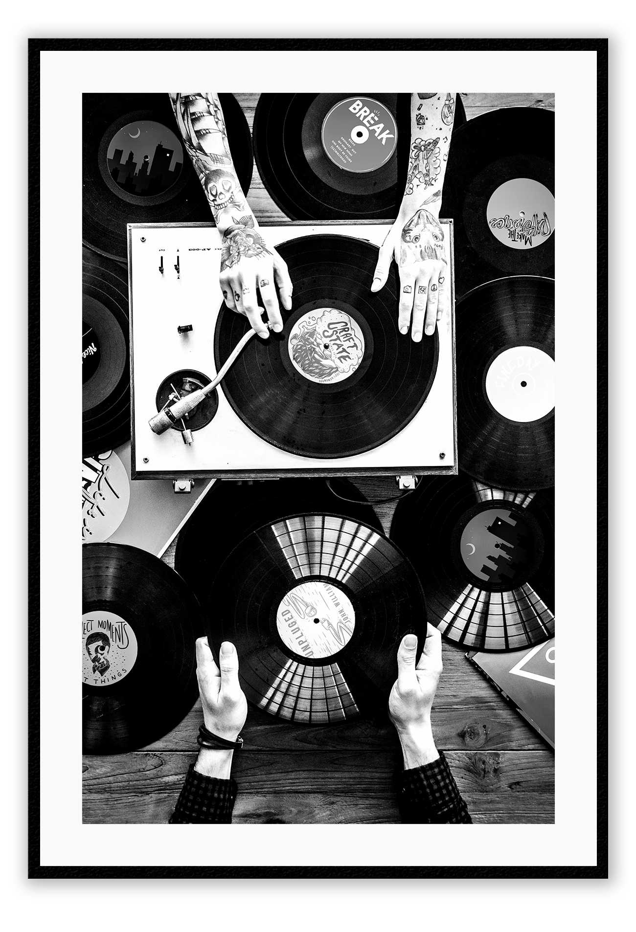 Black and white photography record music tattoos portrait print