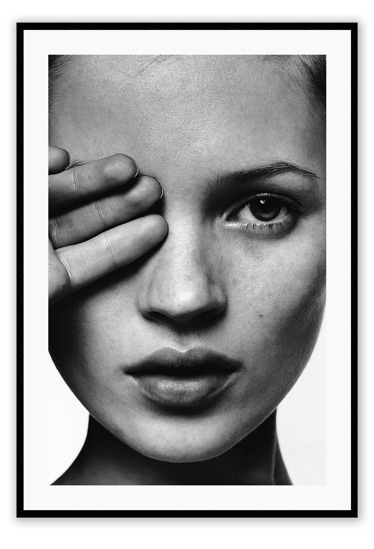 An iconic fashion wall art with 90s English model Kate Moss in black and white.