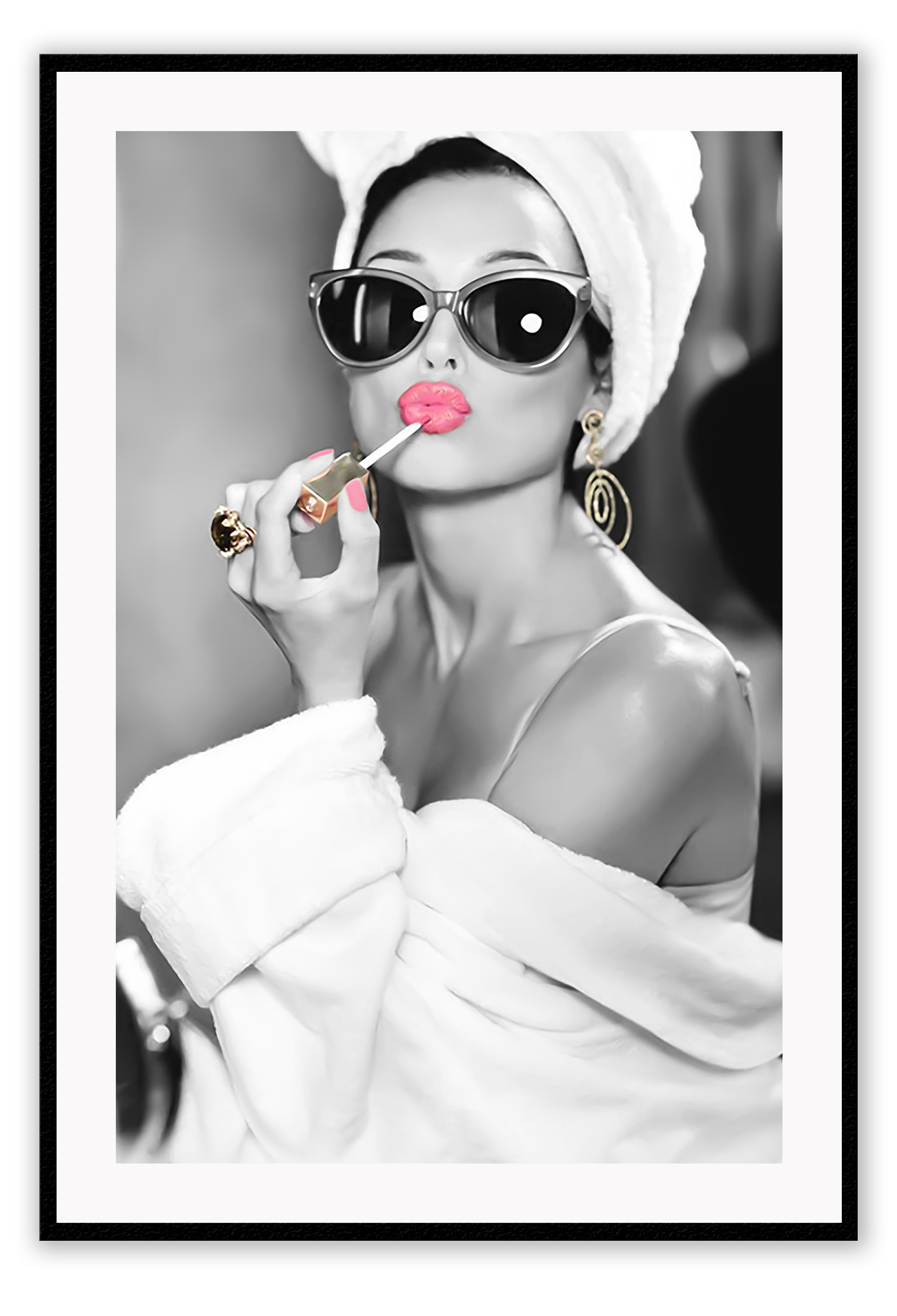A black and white fashion print with sexy lady in lingerie pink lips and sunglasses gold jewelwry