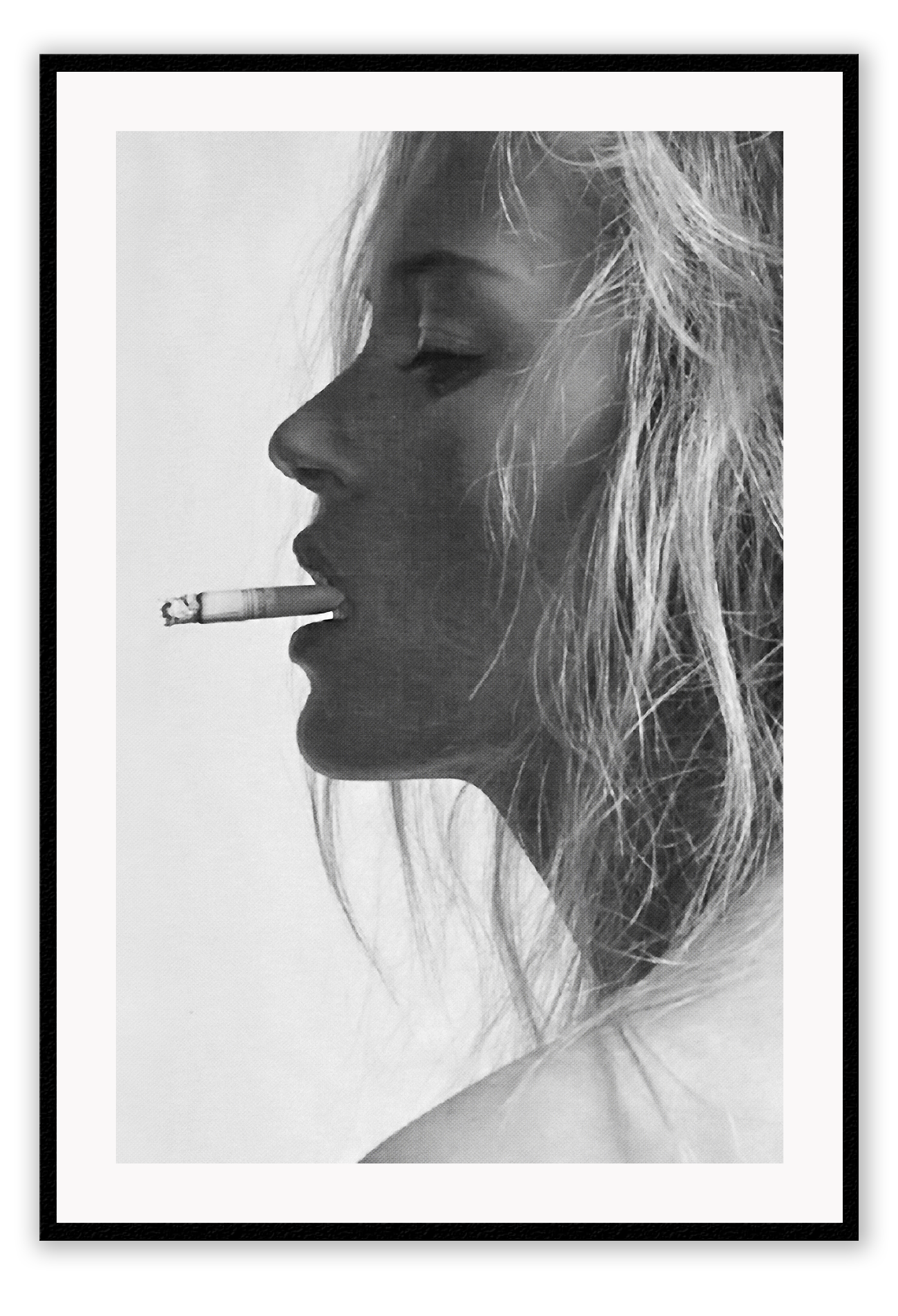 A black and white fashion photographic wall art with iconic 90s model Kate Moss smoking cigarette.
