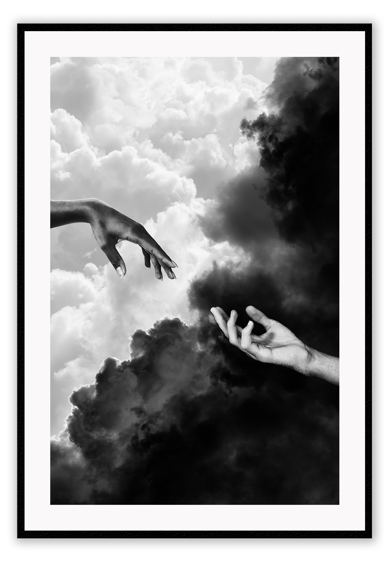 Hands touching in sky clouds, black and white, sistine chapel michaelangelo and the creation of adam