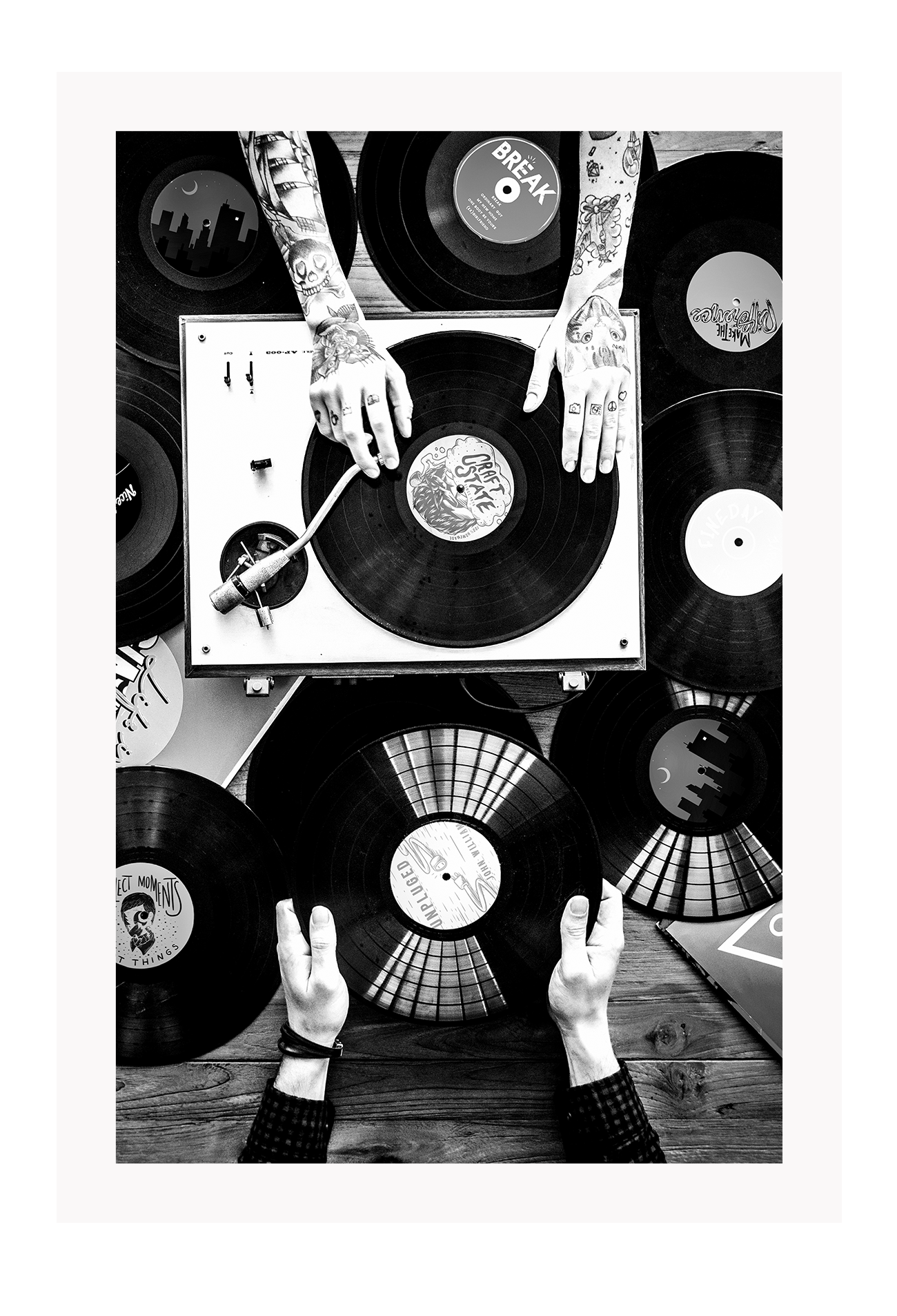 Black and white photography record music tattoos portrait print