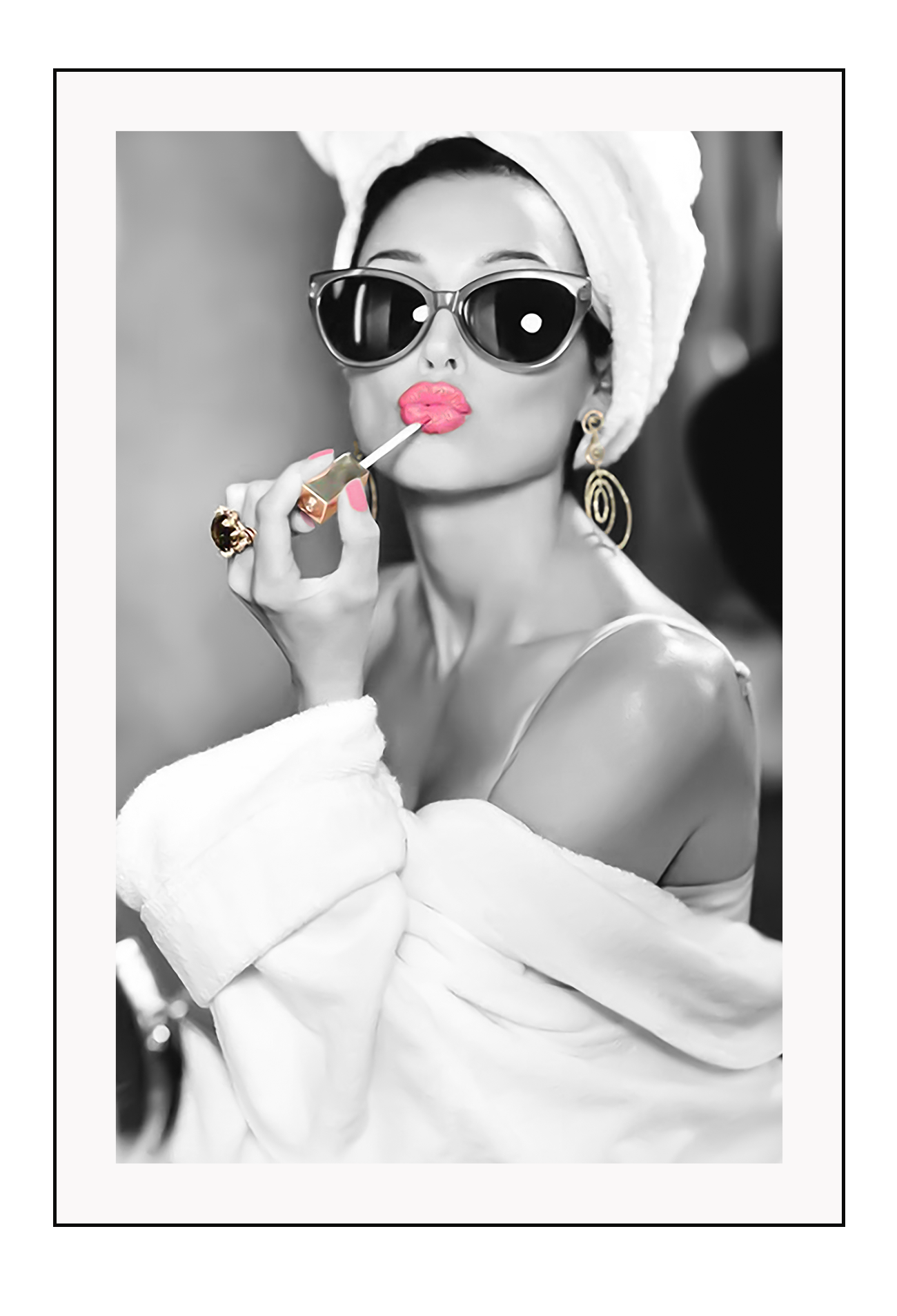 A black and white fashion print with sexy lady in lingerie pink lips and sunglasses gold jewelwry