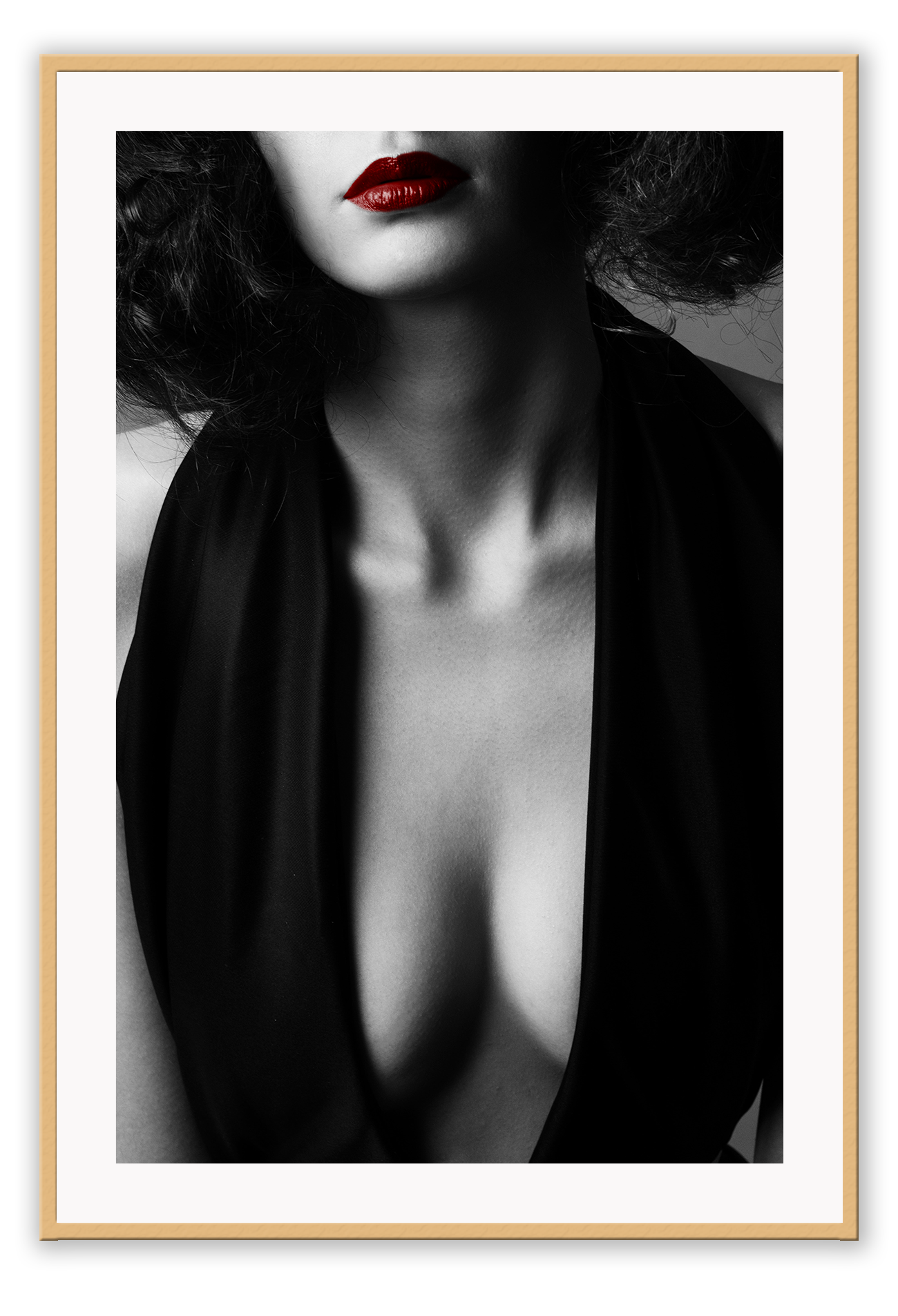 Black and white fashion photography print womans breasts chest with red lipstick sexy lady
