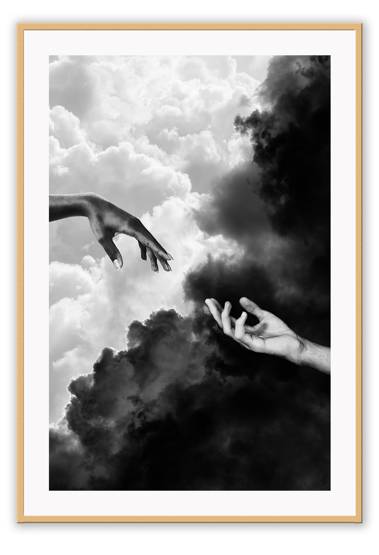 Hands touching in sky clouds, black and white, sistine chapel michaelangelo and the creation of adam