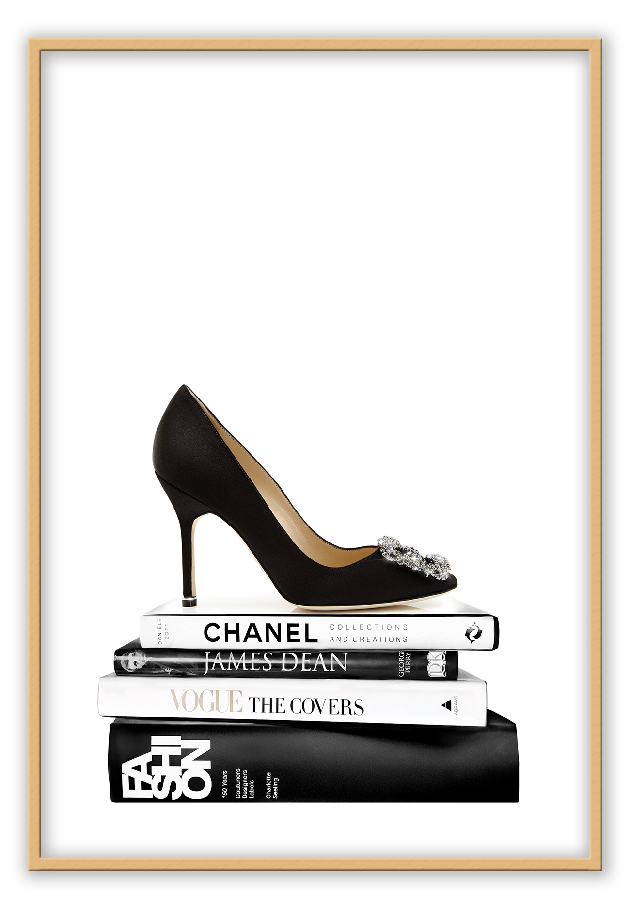 Portrait print with black and white books and high heel on the top; of the book stack