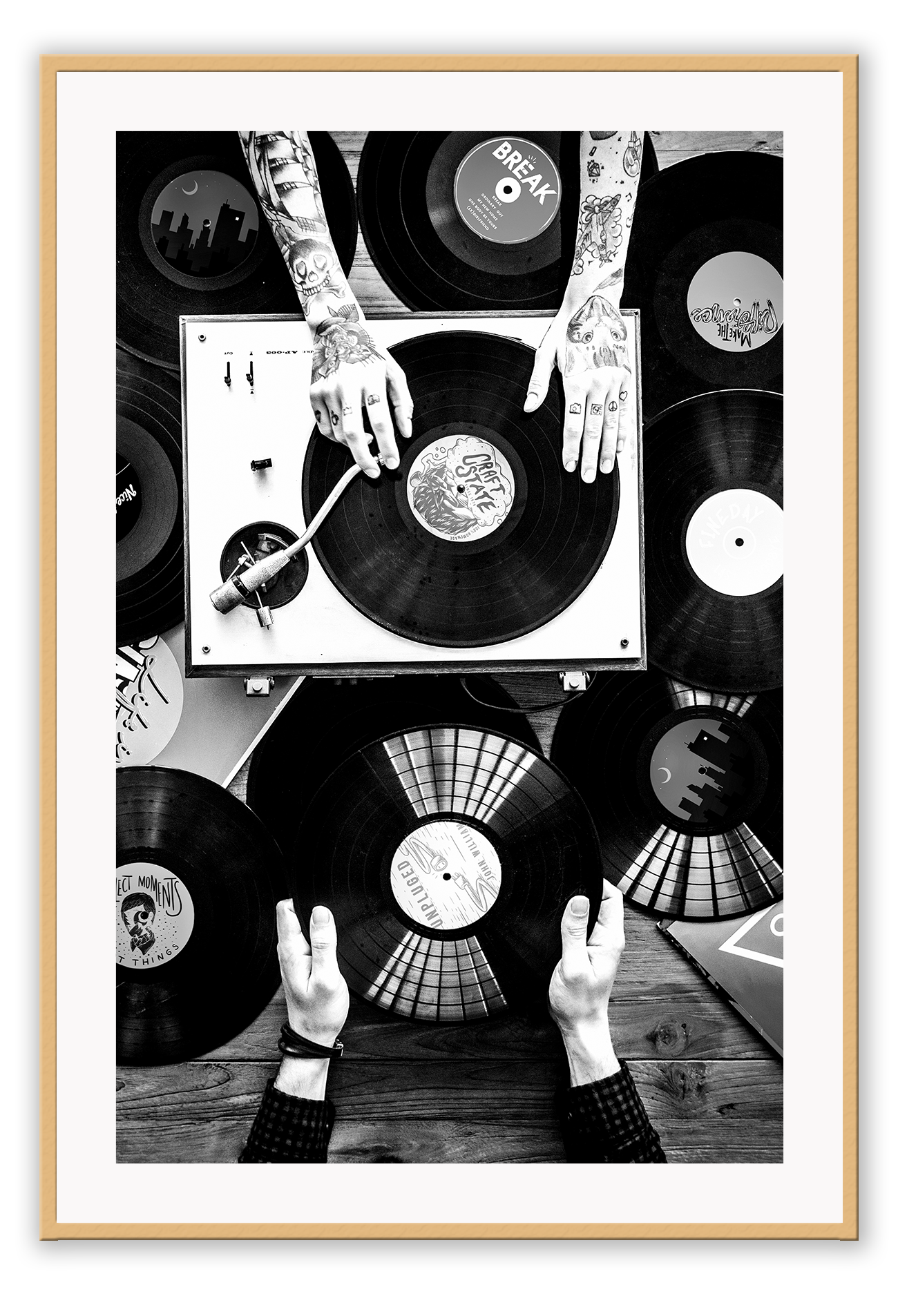 Black and white photography record music tattoos portrait print