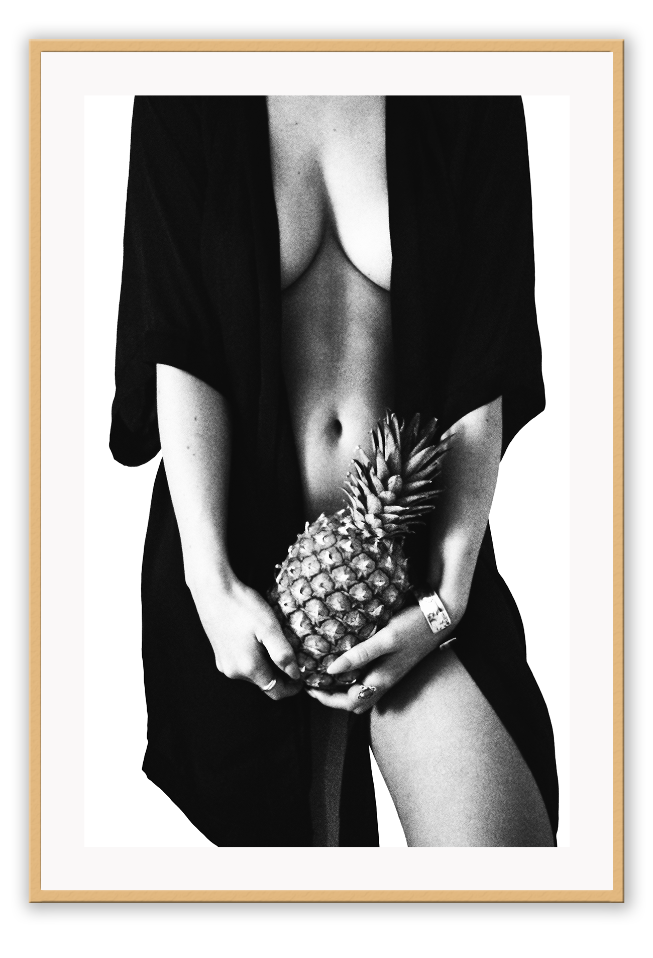 Fashion photography print with nude sexy woman wearing robe holding pinapple in black and white on white background