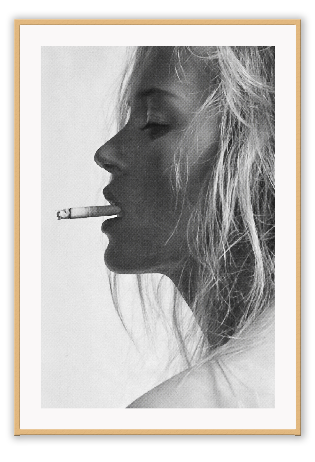 A black and white fashion photographic wall art with iconic 90s model Kate Moss smoking cigarette.