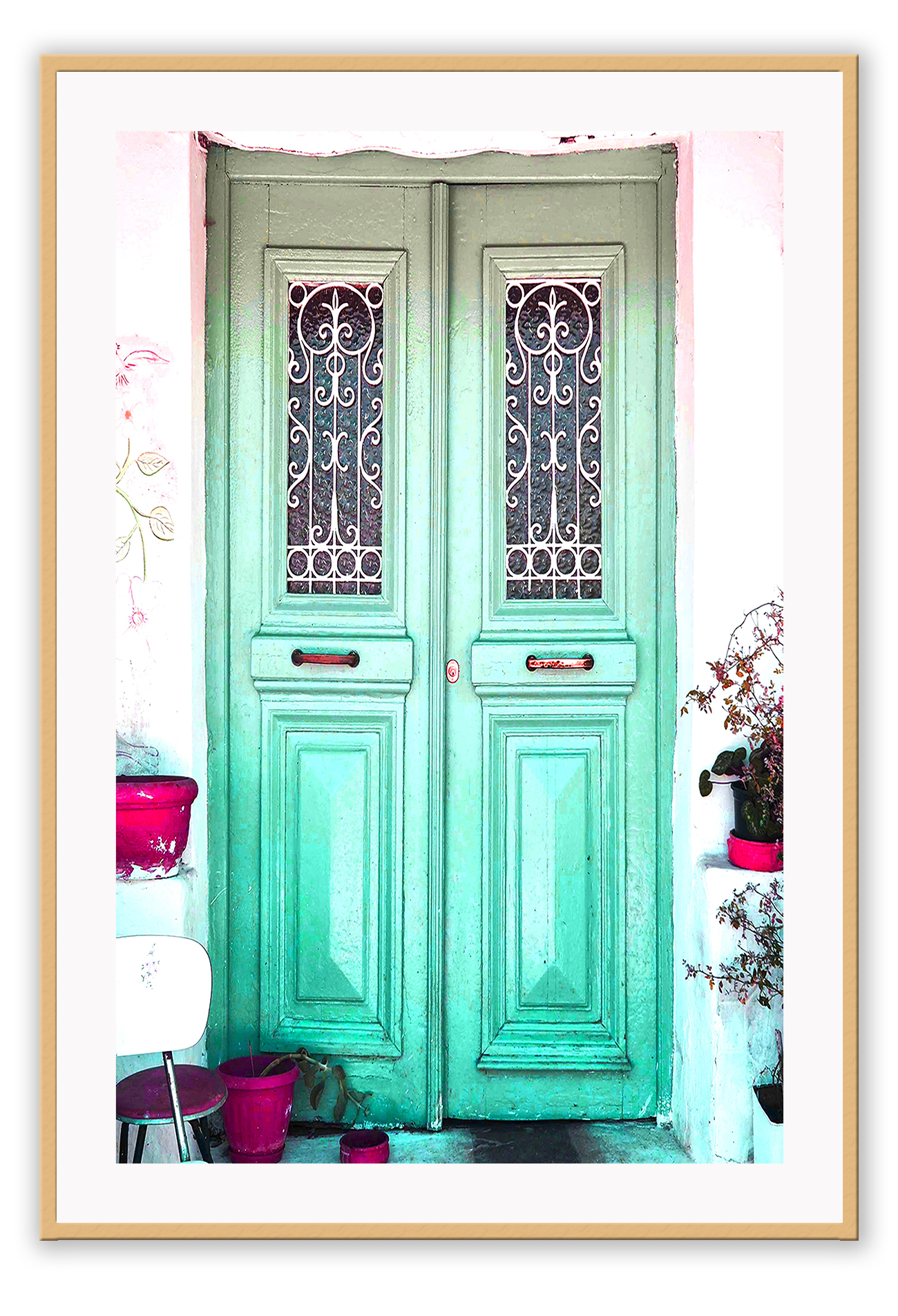Boho green door vintage distressed framed print art