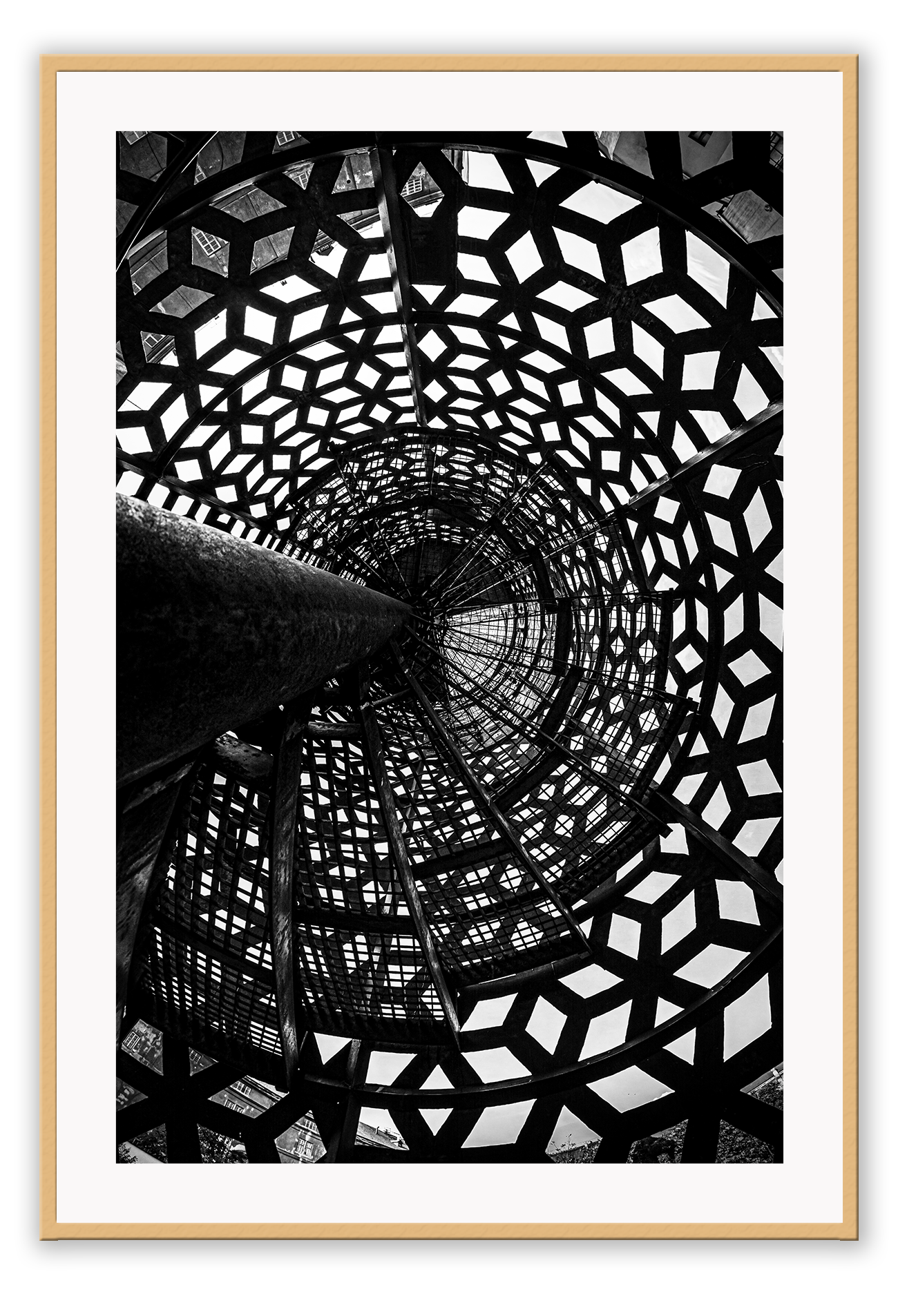 Photography print black and white shadows created by staircase geometric pattern
