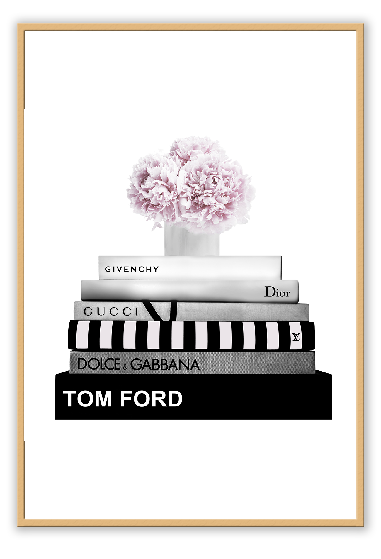 Fashion print black and white fashion books stacked pink flowers on top givenchy gucci tom ford dolce dior