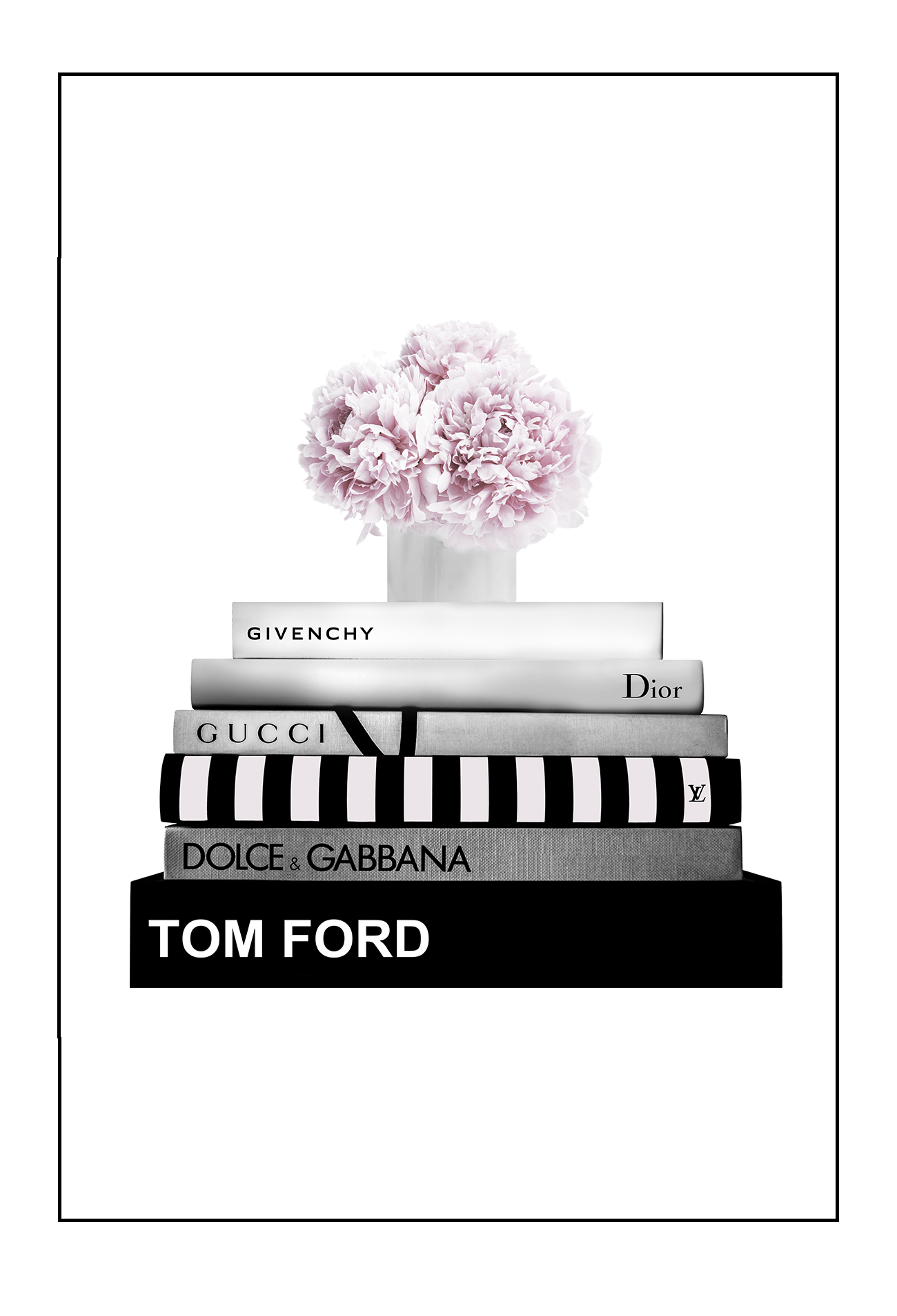 Fashion print black and white fashion books stacked pink flowers on top givenchy gucci tom ford dolce dior