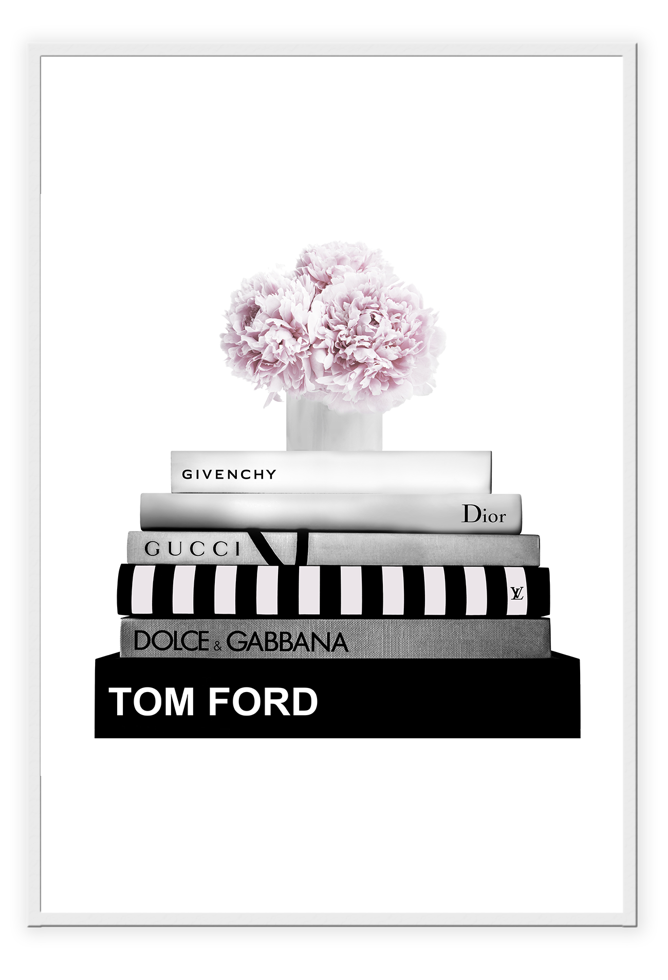 Fashion print black and white fashion books stacked pink flowers on top givenchy gucci tom ford dolce dior
