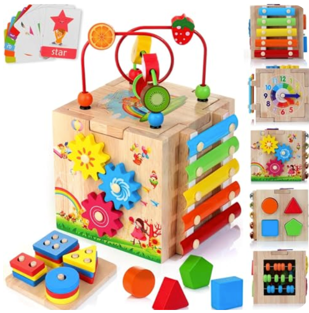 HELLOWOOD Wooden Kids Baby Activity Cube, 8-in-1 Toys Set for 12M+ Boys & Girls, Multifunctional Activity Cube, Montessori Learning Toys for Toddlers Age 1-3