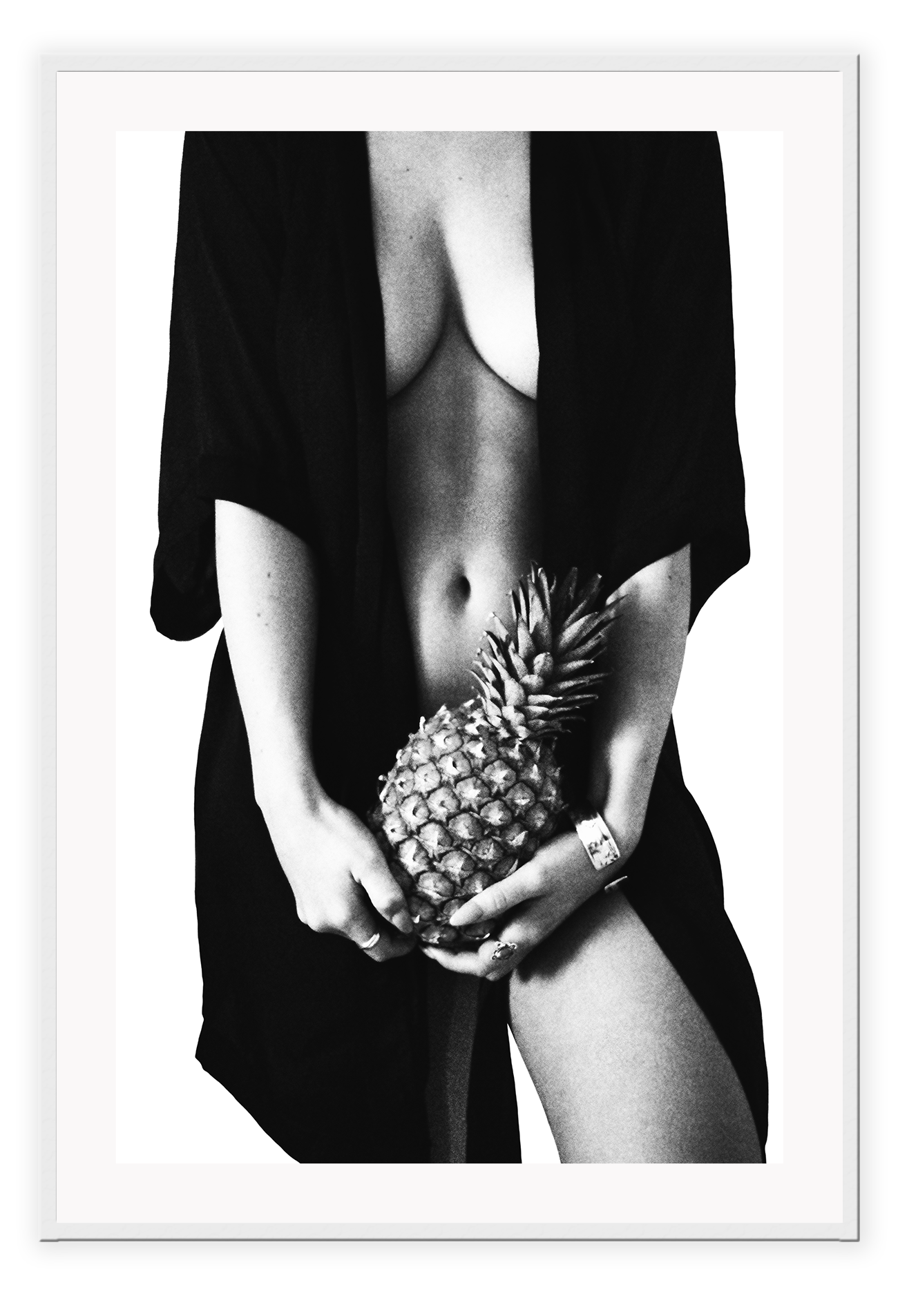 Fashion photography print with nude sexy woman wearing robe holding pinapple in black and white on white background