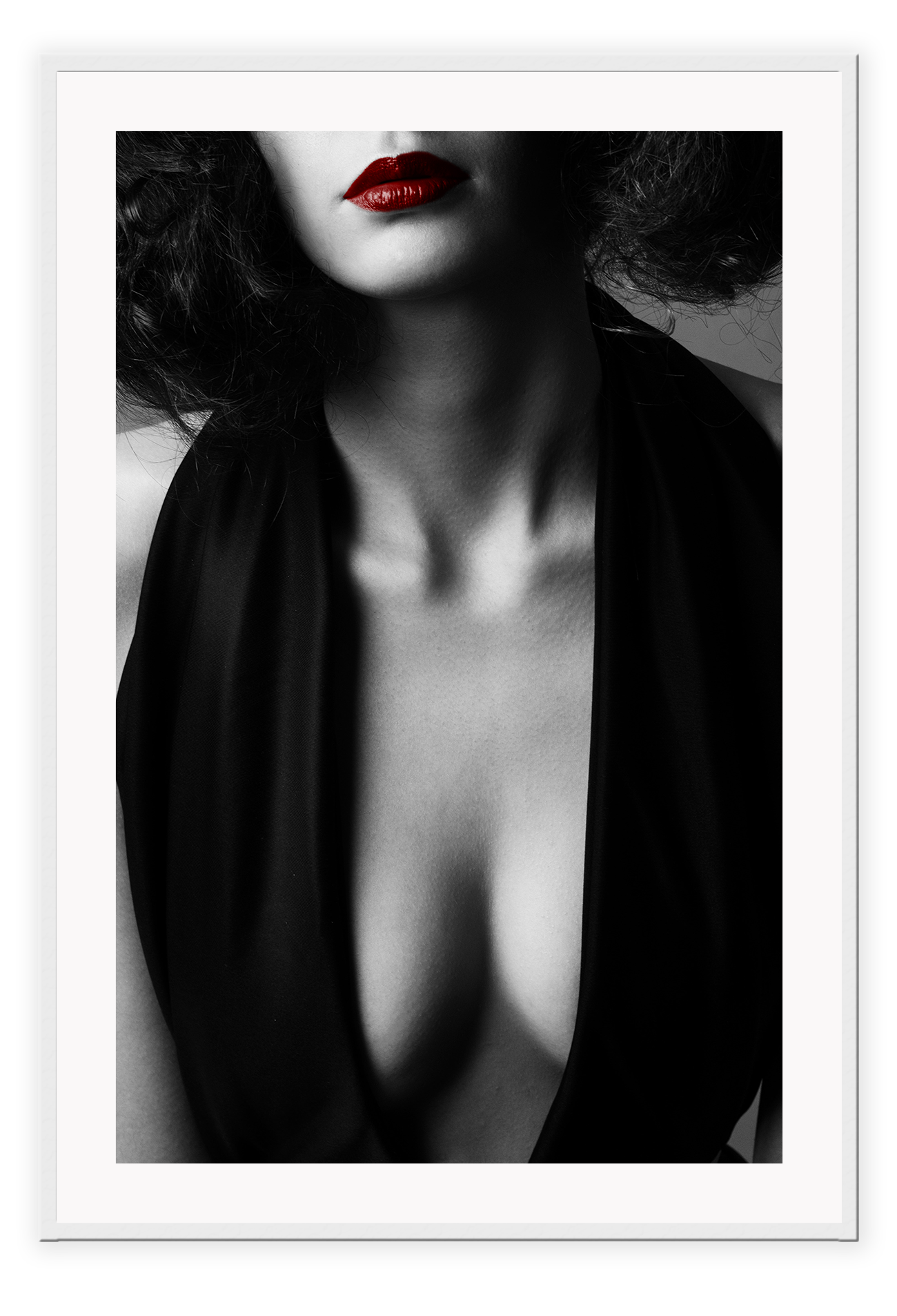 Black and white fashion photography print womans breasts chest with red lipstick sexy lady