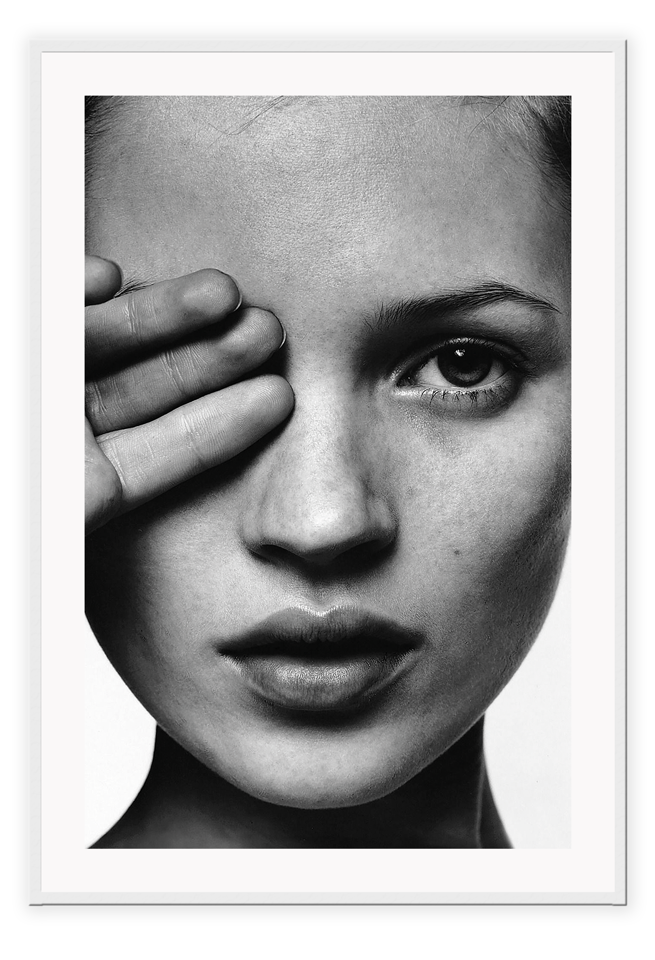 An iconic fashion wall art with 90s English model Kate Moss in black and white.