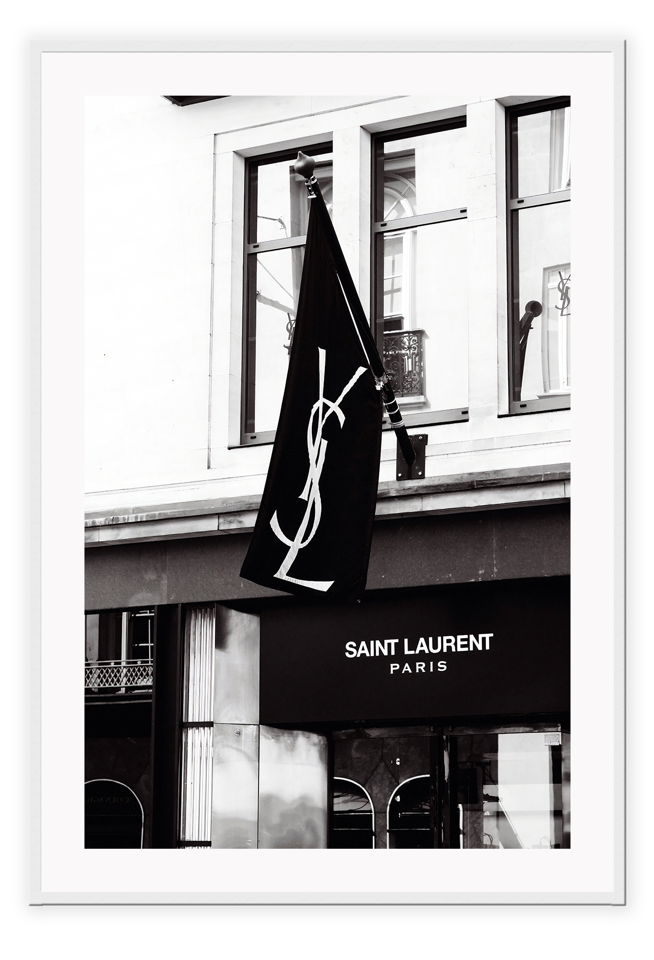 A black and white wall art with iconic Yves Saint Laurent Bond Street shop in London