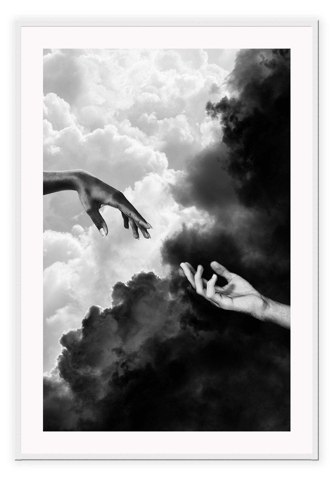 Hands touching in sky clouds, black and white, sistine chapel michaelangelo and the creation of adam
