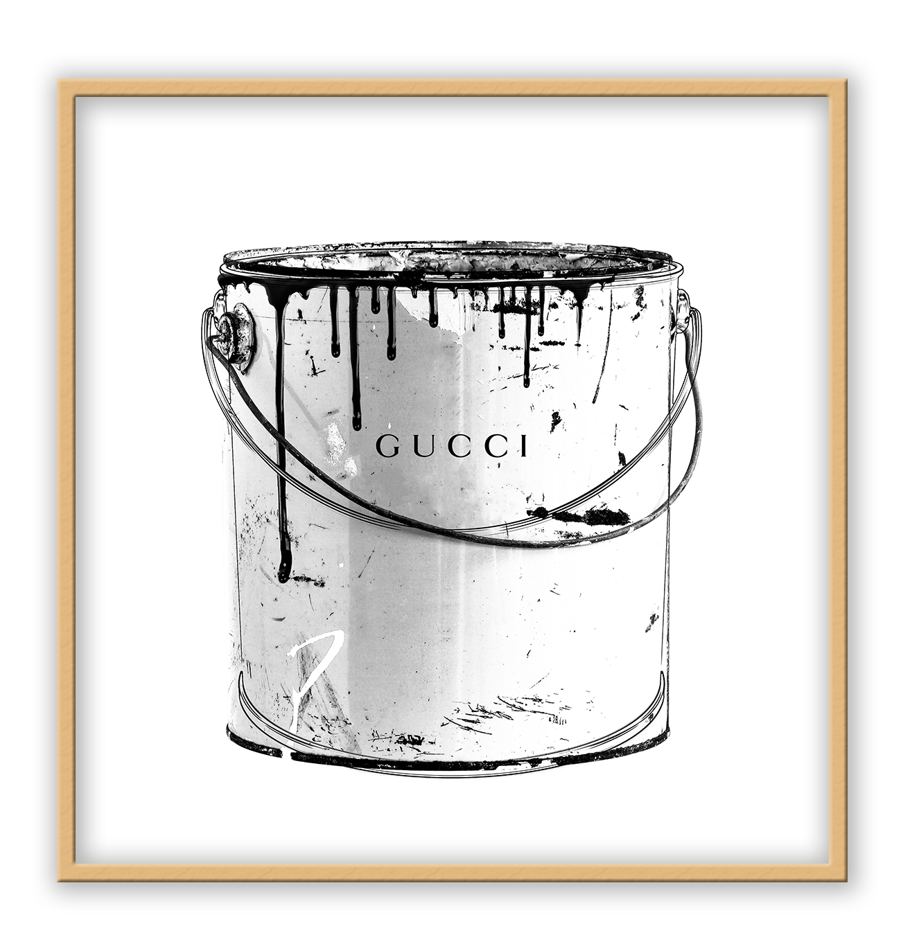 A black and white fashion wall art with a paint jug and Gucci fashion label wrinting on it.