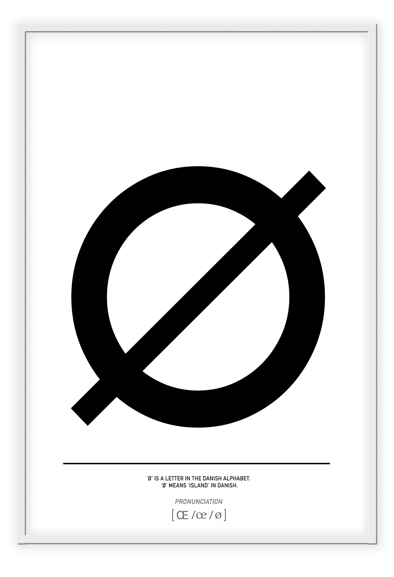 A simple, minimal fashion typography wall art with the black letter √ò on white background, meaning island in Danish.