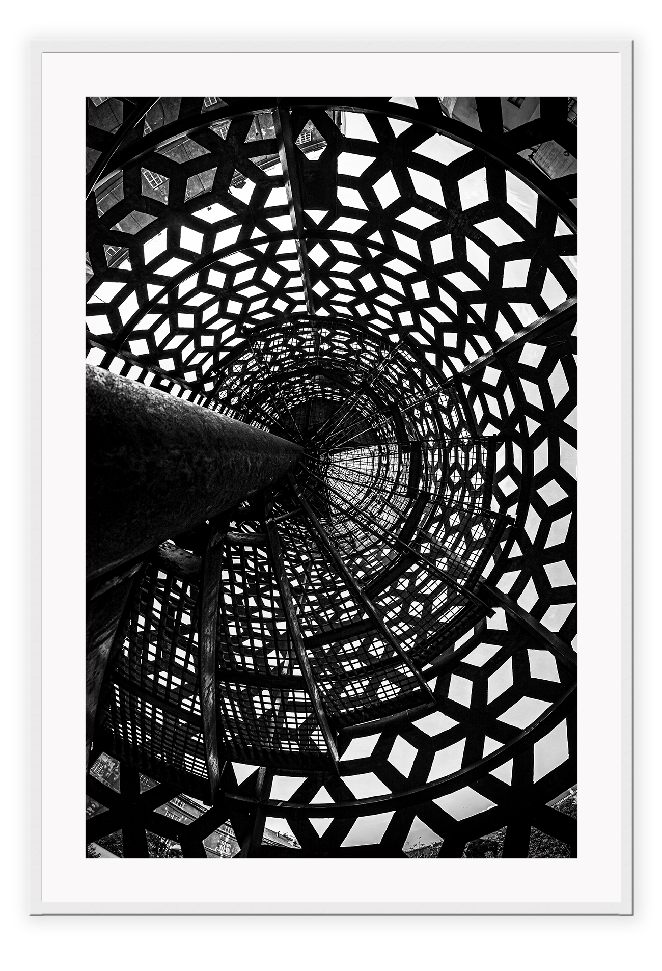 Photography print black and white shadows created by staircase geometric pattern