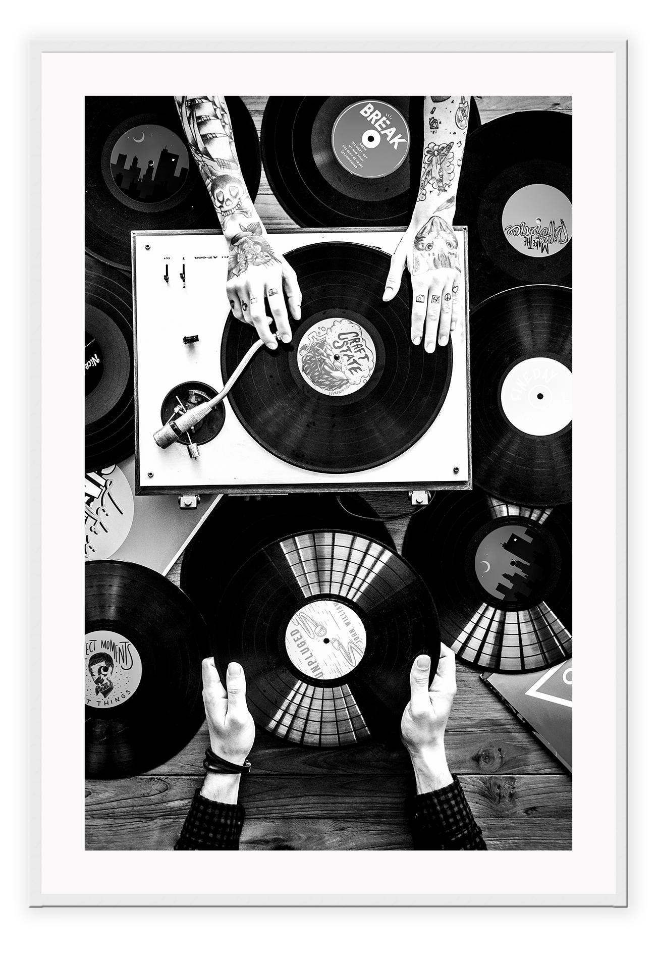 Black and white photography record music tattoos portrait print