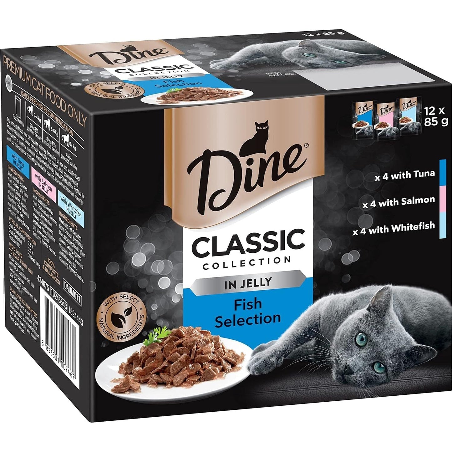 DINE Classic Collection Adult Wet Cat Food Fish Selection in Jelly 12 X 85G, 5 Pack (60 Pouches)