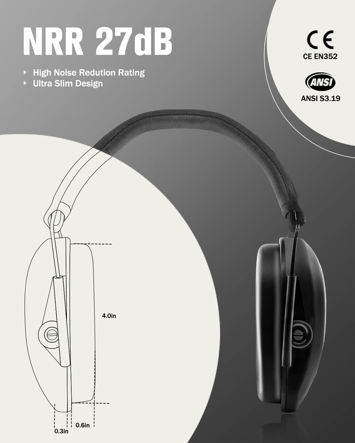 EM018 Shooting Ear Protection Noise Cancelling Safety Muffs NRR 27Db, Hearing Protection for Shooting, Hunting, Mowing