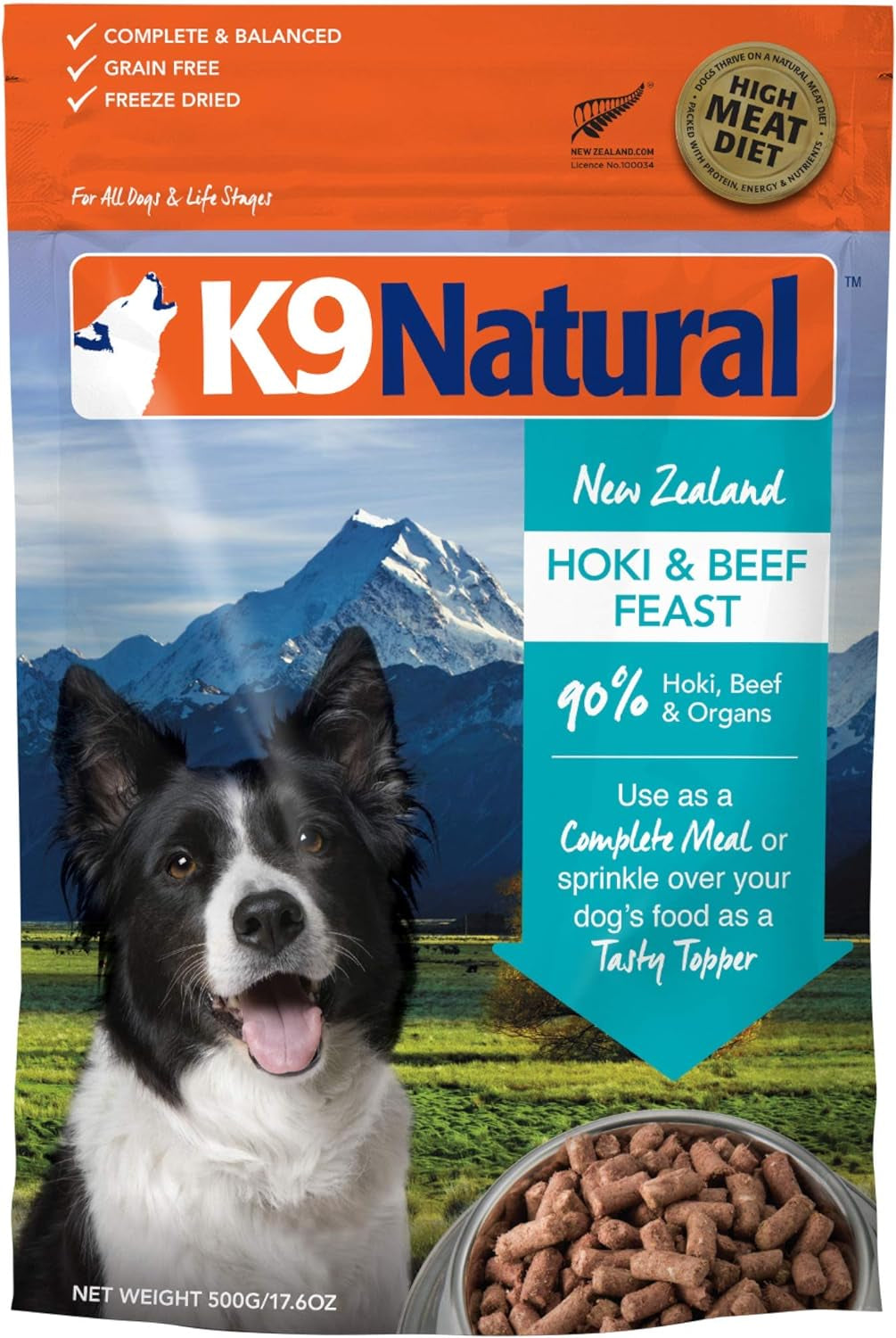 Grain-Free Freeze Dried Dog Food, Hoki & Beef 500G