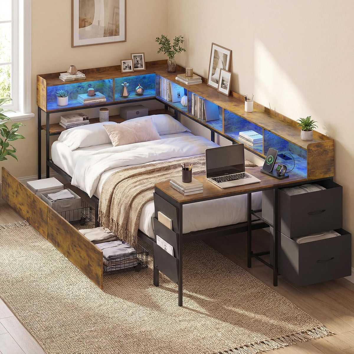 Corner Bed with Desk & Bookcase