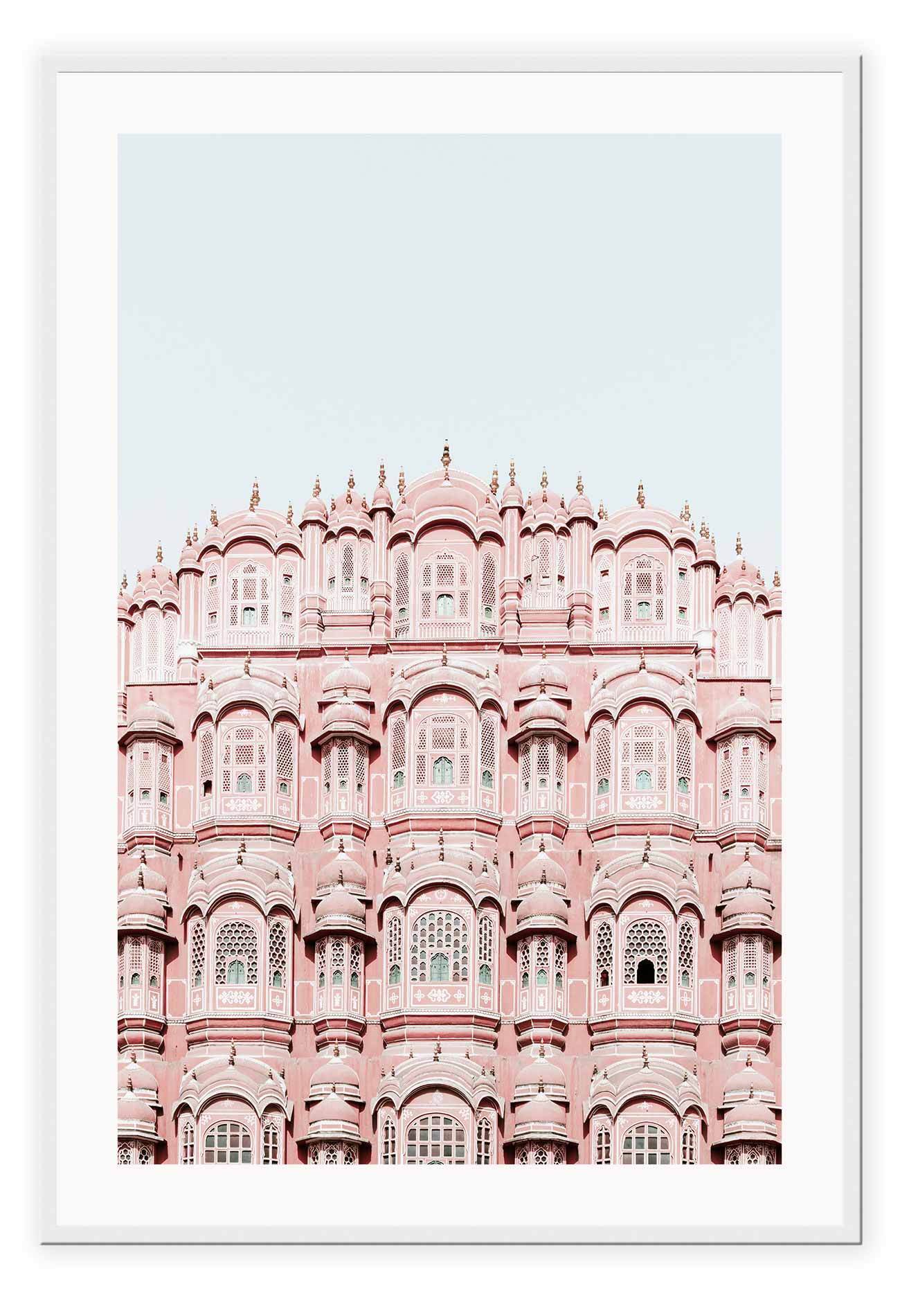 An urban wall art with pink indian architecture masterpiece.